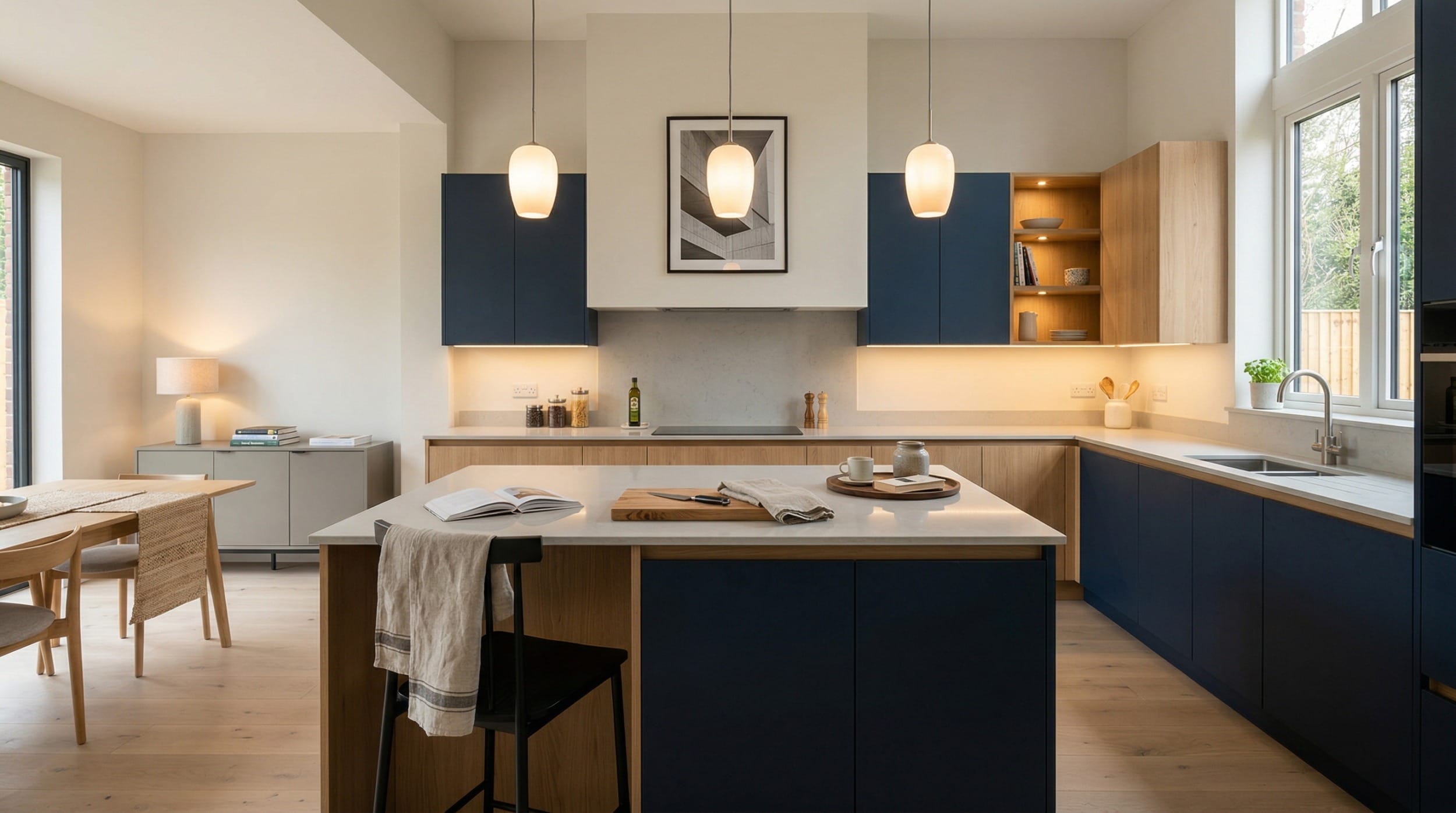 hero_1200x675-282 Wide view of a bespoke Mastercraft kitchen, contemporary painted lay-on cabinetry in porcelain tones