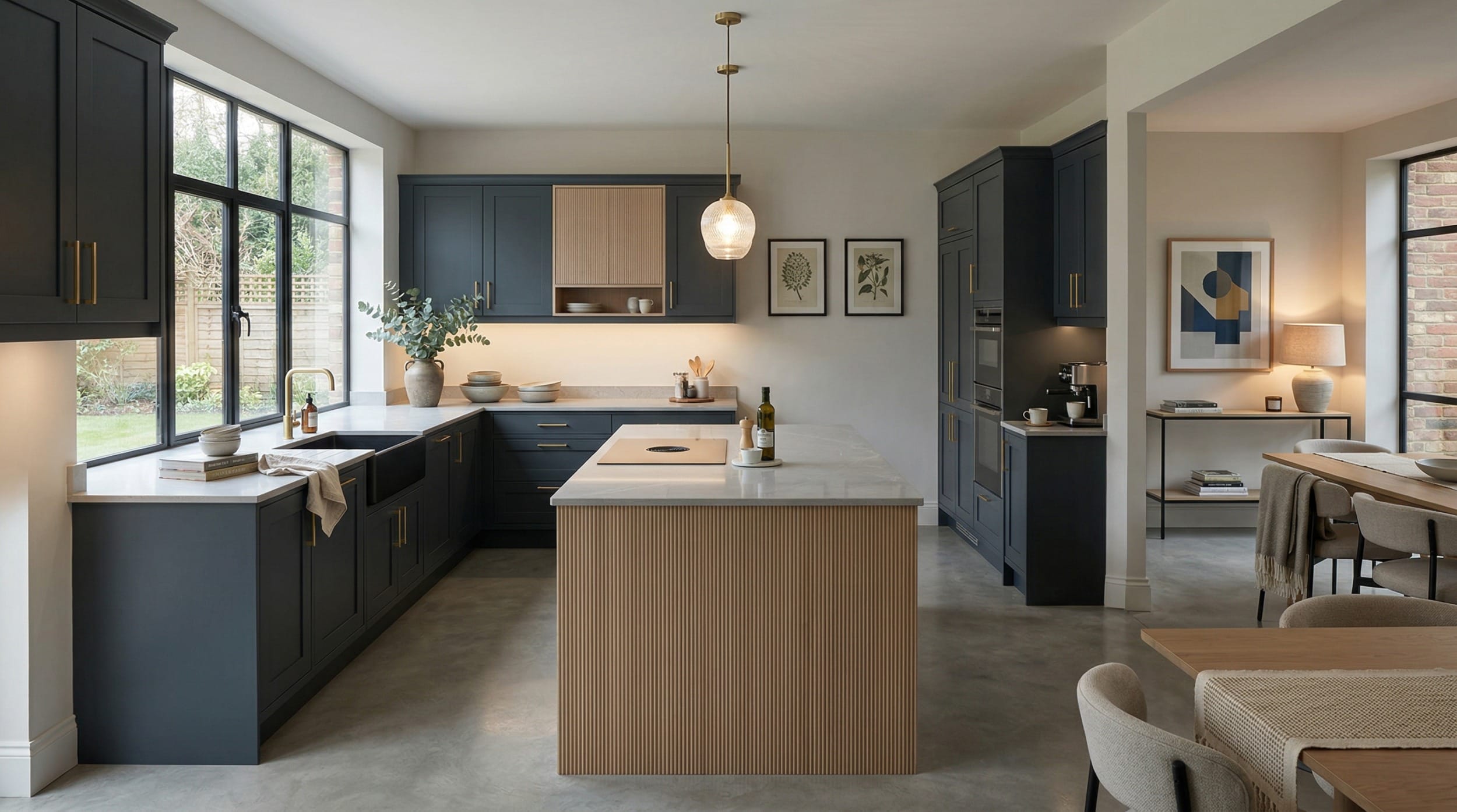 Wide view of a bespoke Mastercraft kitchen, contemporary painted lay-on cabinetry in indigo tones