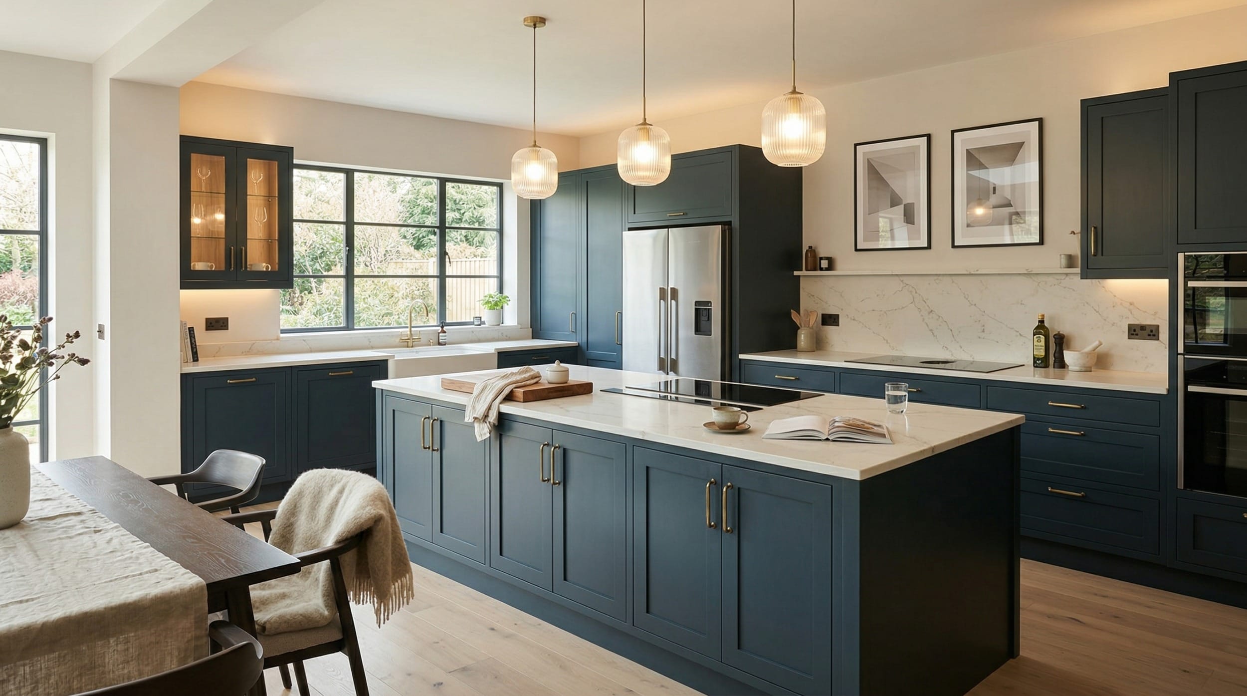 hero_1200x675-286 Wide view of a bespoke Mastercraft kitchen, matt painted handleless slab cabinetry in slate blue tones