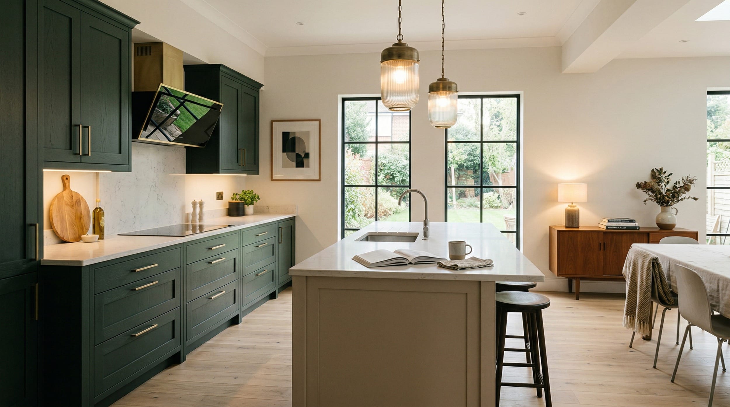 hero_1200x675-288 Wide view of a bespoke Mastercraft kitchen, matt painted handleless slab cabinetry in stone tones