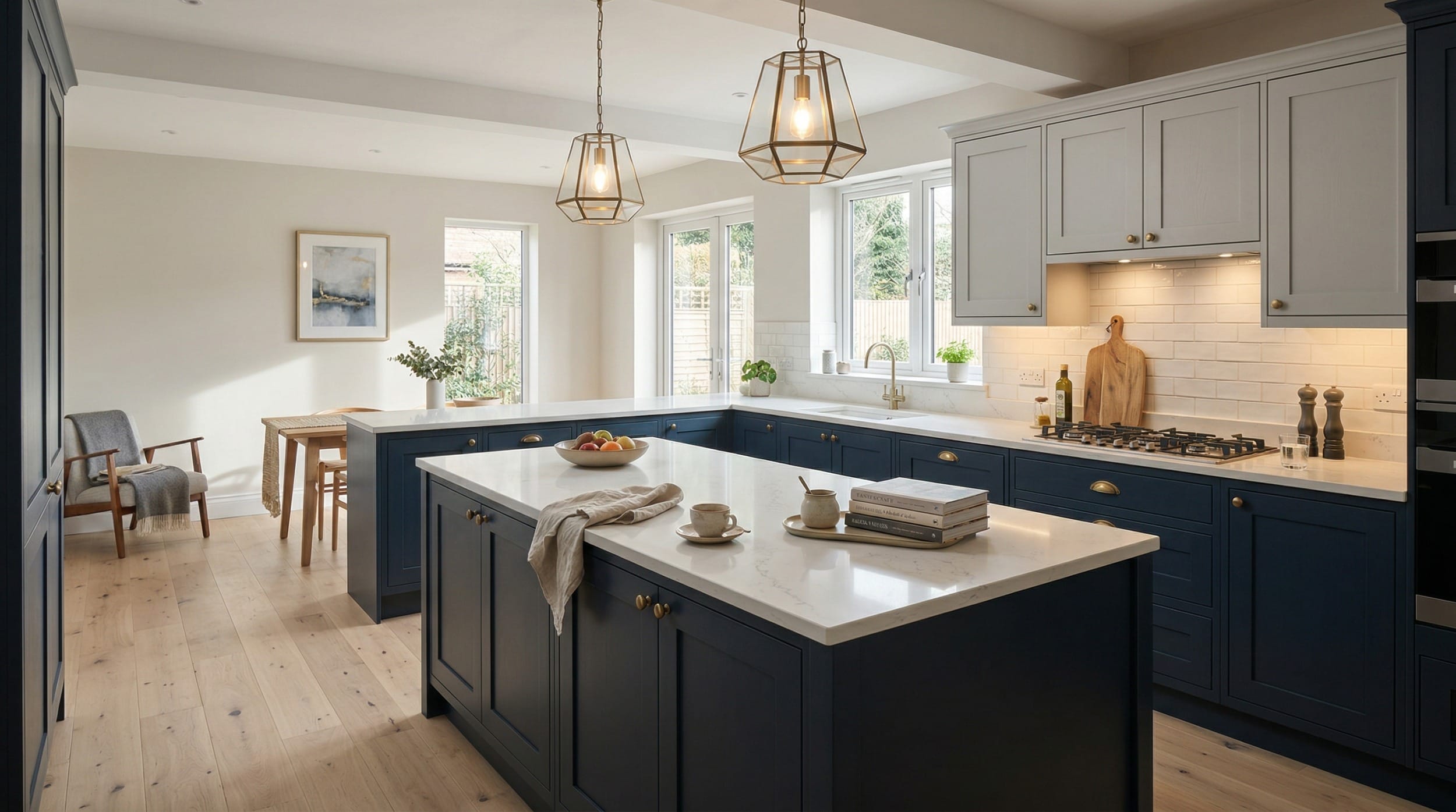 hero_1200x675-289 Wide view of a bespoke Mastercraft kitchen, modern shaker cabinetry in brilliant white tones
