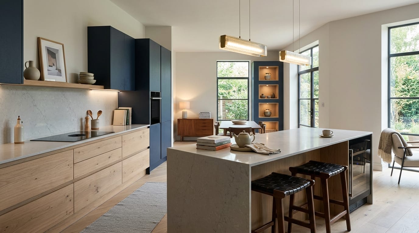 Wide view of a newly completed bespoke Mastercraft kitchen, timber veneer slab-door cabinetry in shell tones