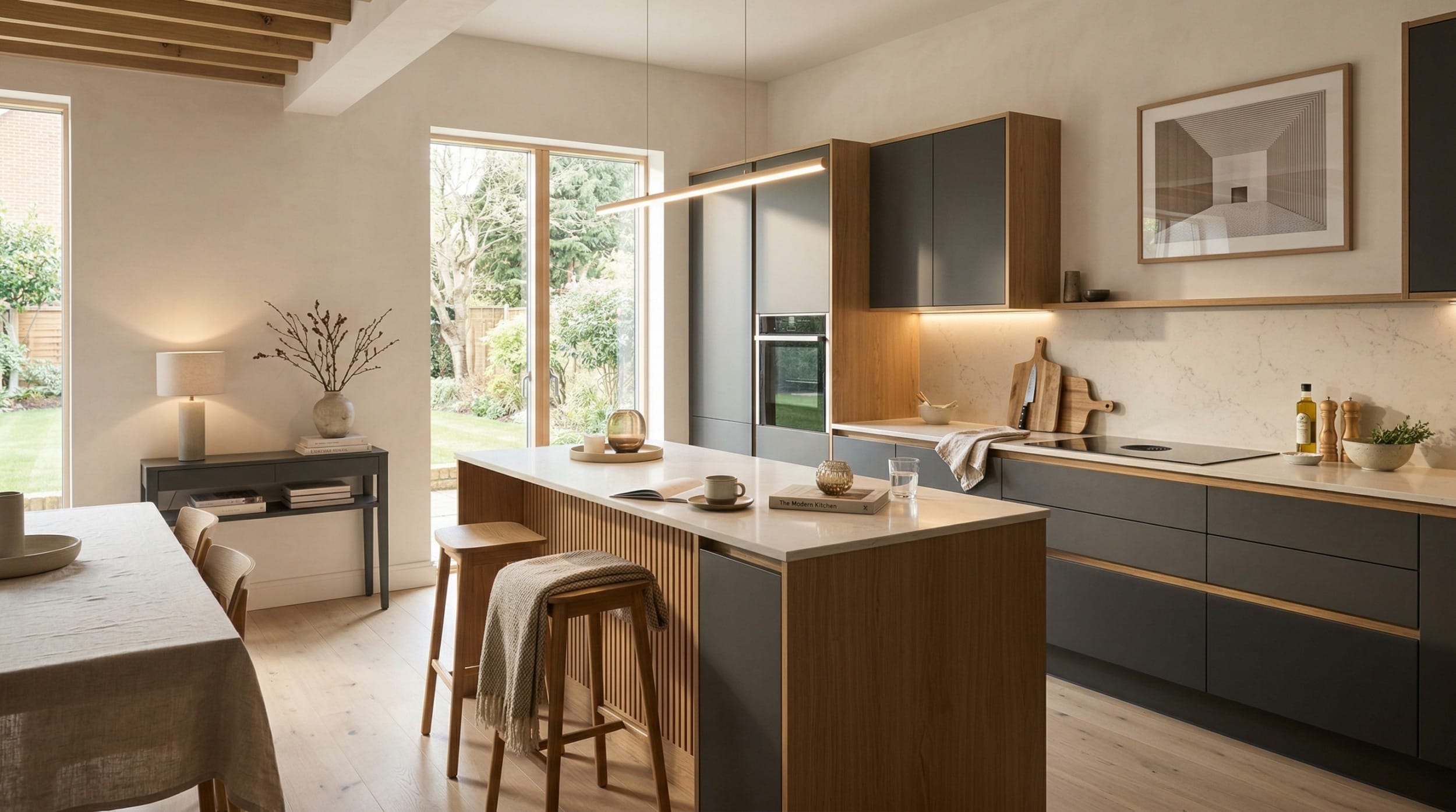 Wide view of a bespoke Mastercraft kitchen, contemporary painted lay-on cabinetry in marine tones