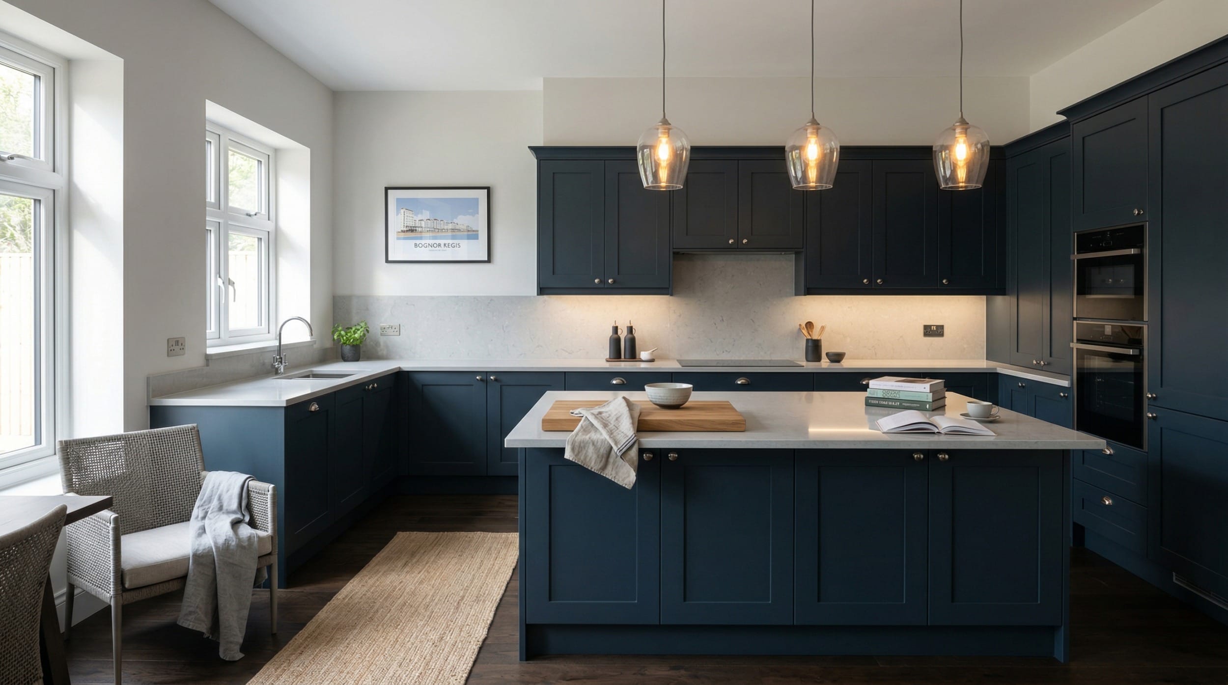 hero_1200x675-291 Wide view of a bespoke Mastercraft kitchen, timber veneer slab-door cabinetry in slate blue tones