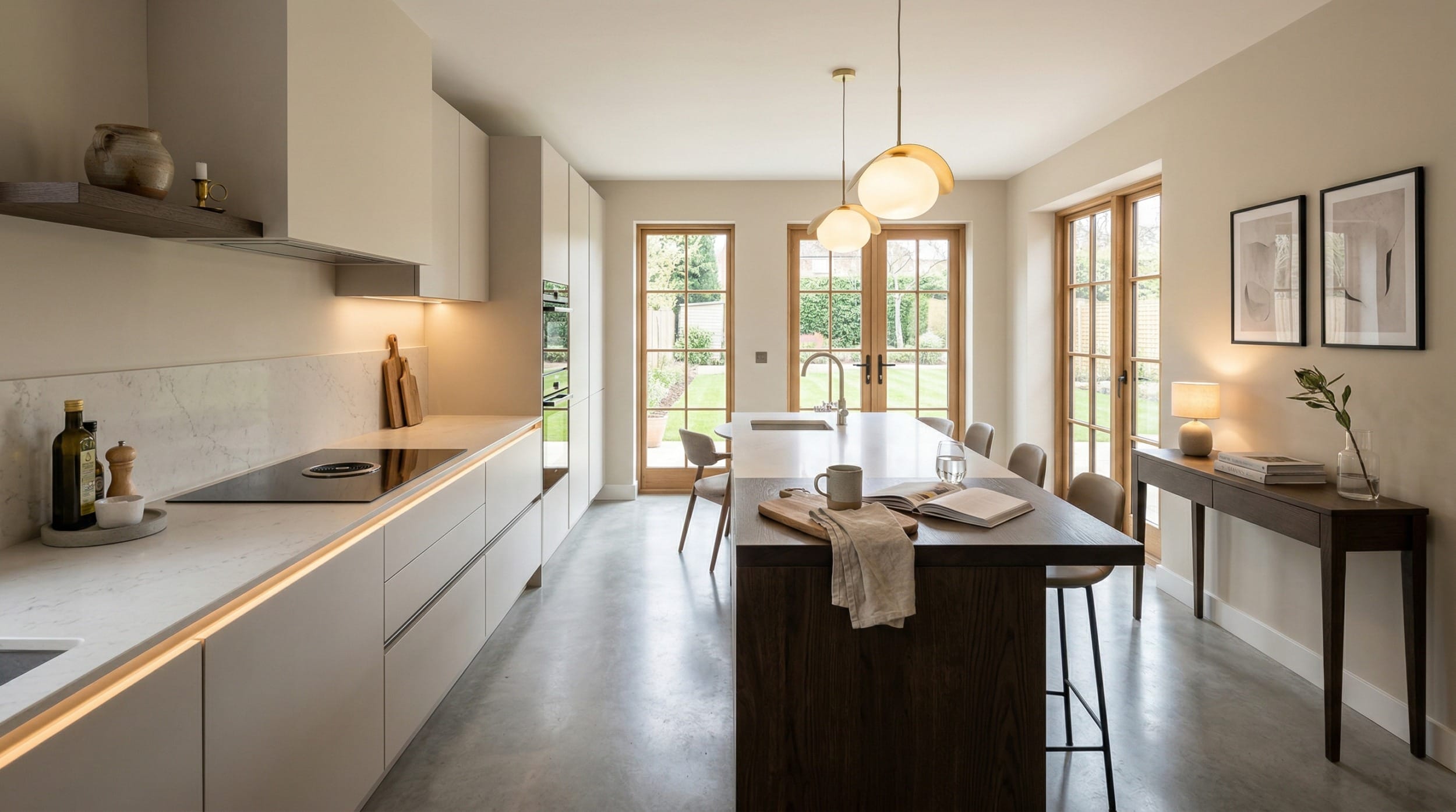 hero_1200x675-292 Wide view of a bespoke Mastercraft kitchen, modern shaker cabinetry in parisian blue tones
