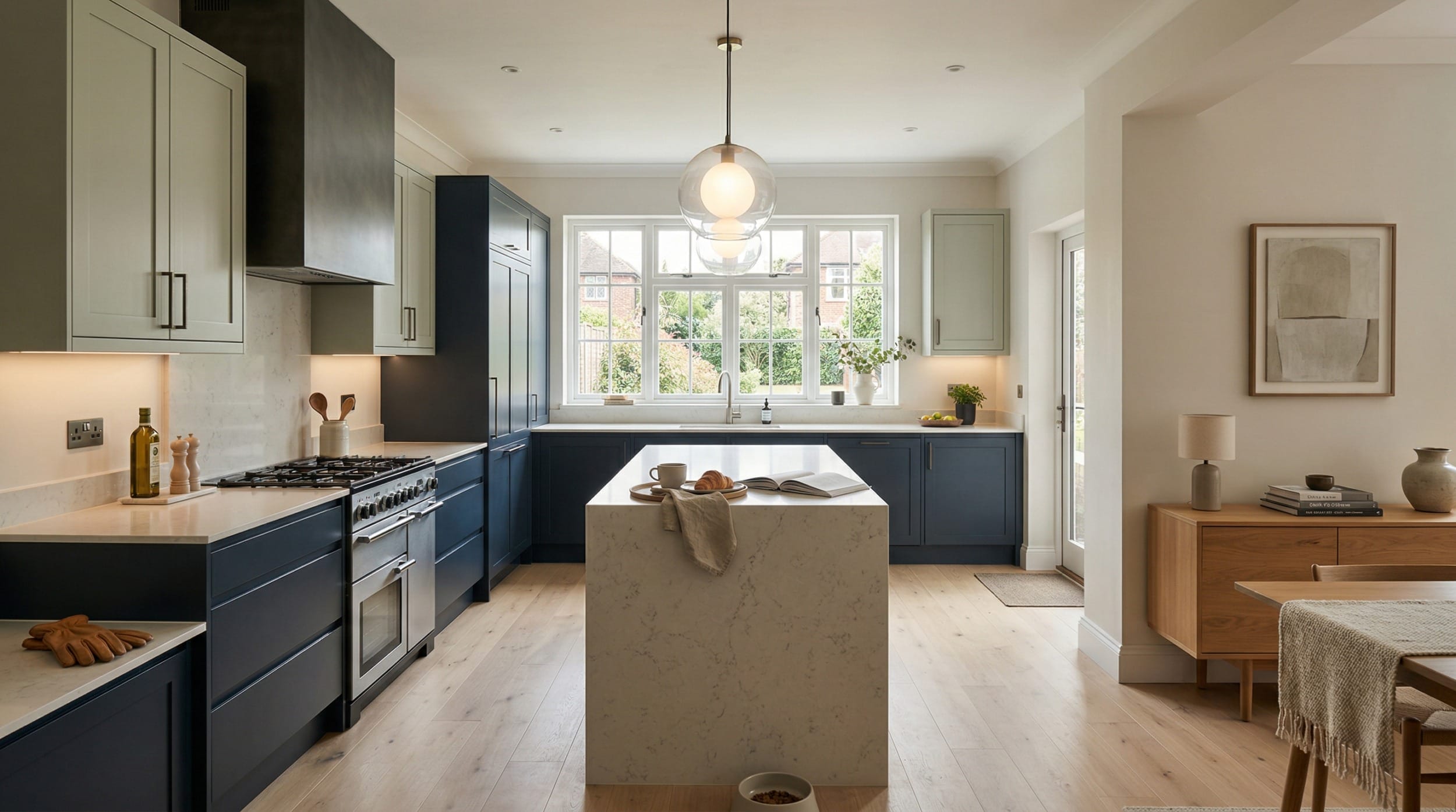 Wide view of a bespoke Mastercraft kitchen, contemporary painted lay-on cabinetry in airforce tones