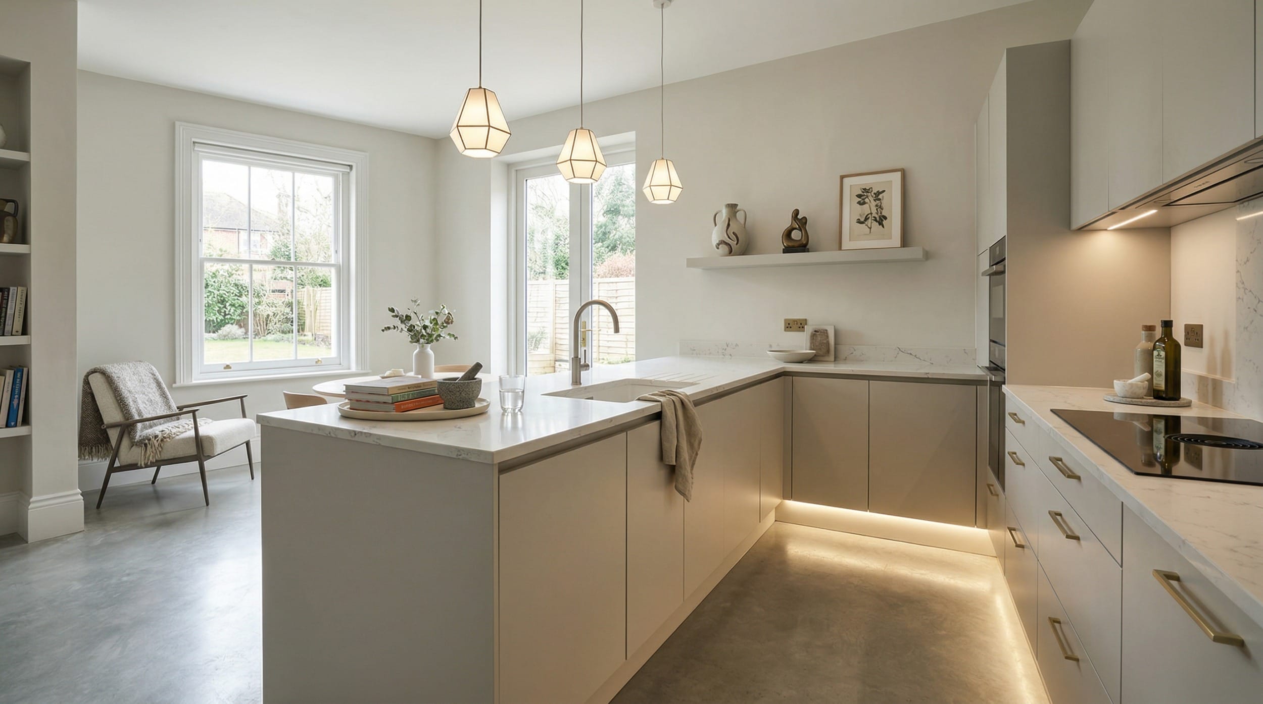Wide view of a bespoke Mastercraft kitchen, matt painted handleless slab cabinetry in marine tones