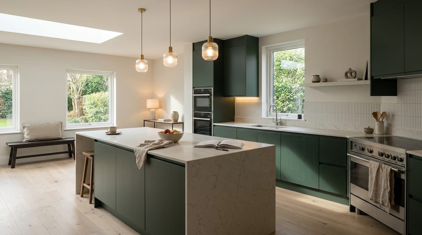 Wide view of a bespoke Mastercraft kitchen, matt painted handleless slab cabinetry in reed green tones