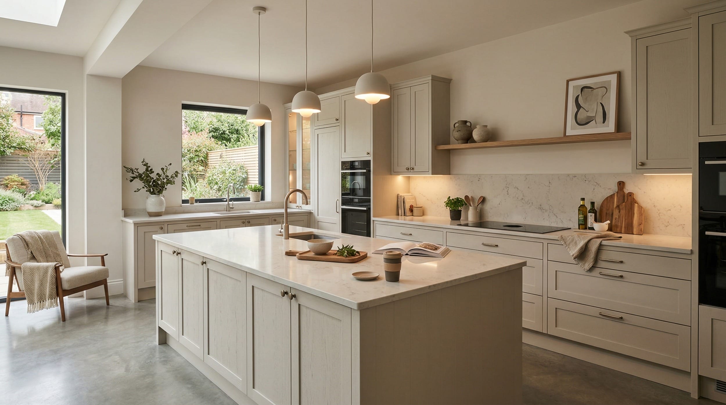 Wide view of a bespoke Mastercraft kitchen, matt painted handleless slab cabinetry in dust grey tones