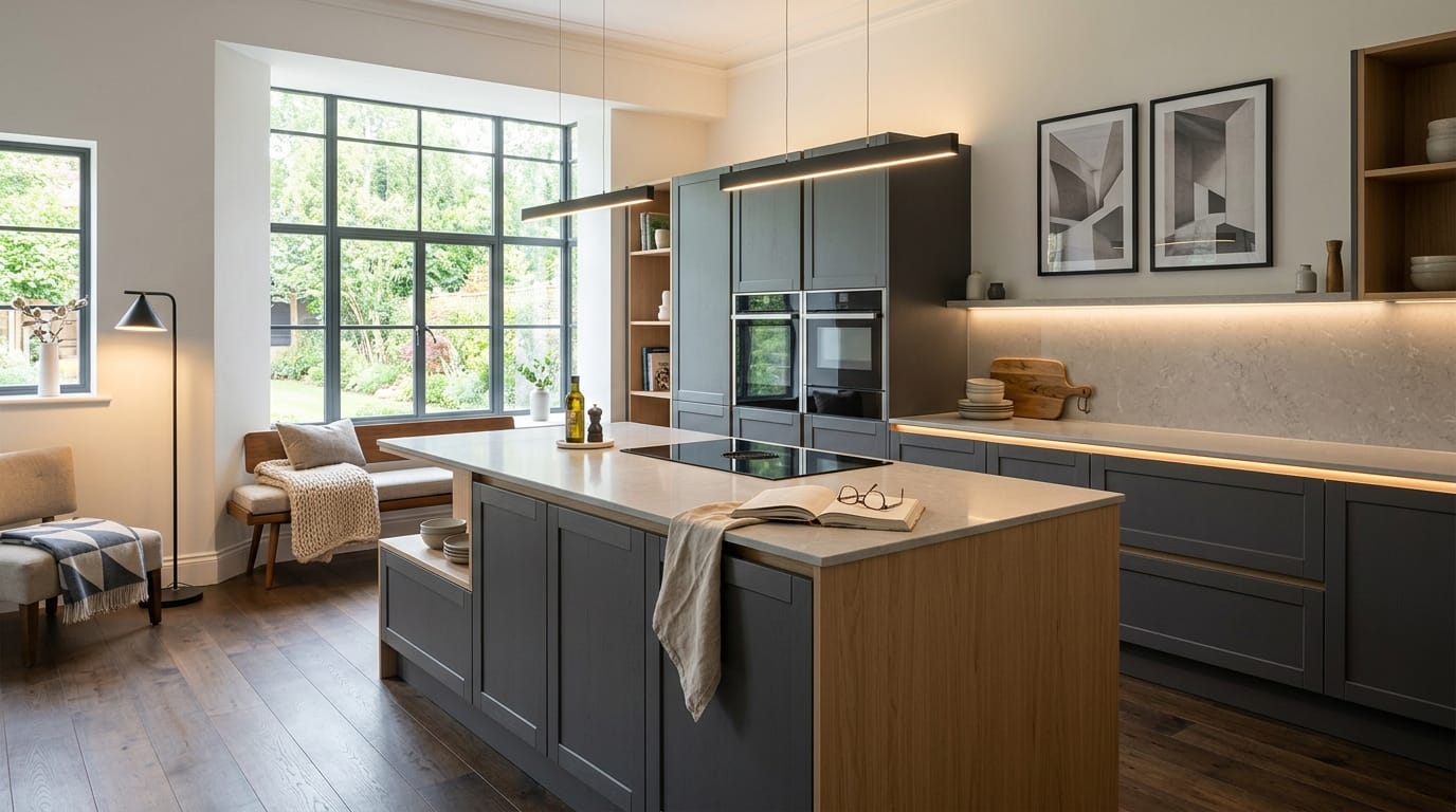 hero_1200x675-3 Wide view of a newly completed bespoke Mastercraft kitchen, matt painted handleless slab cabinetry in graphite tones