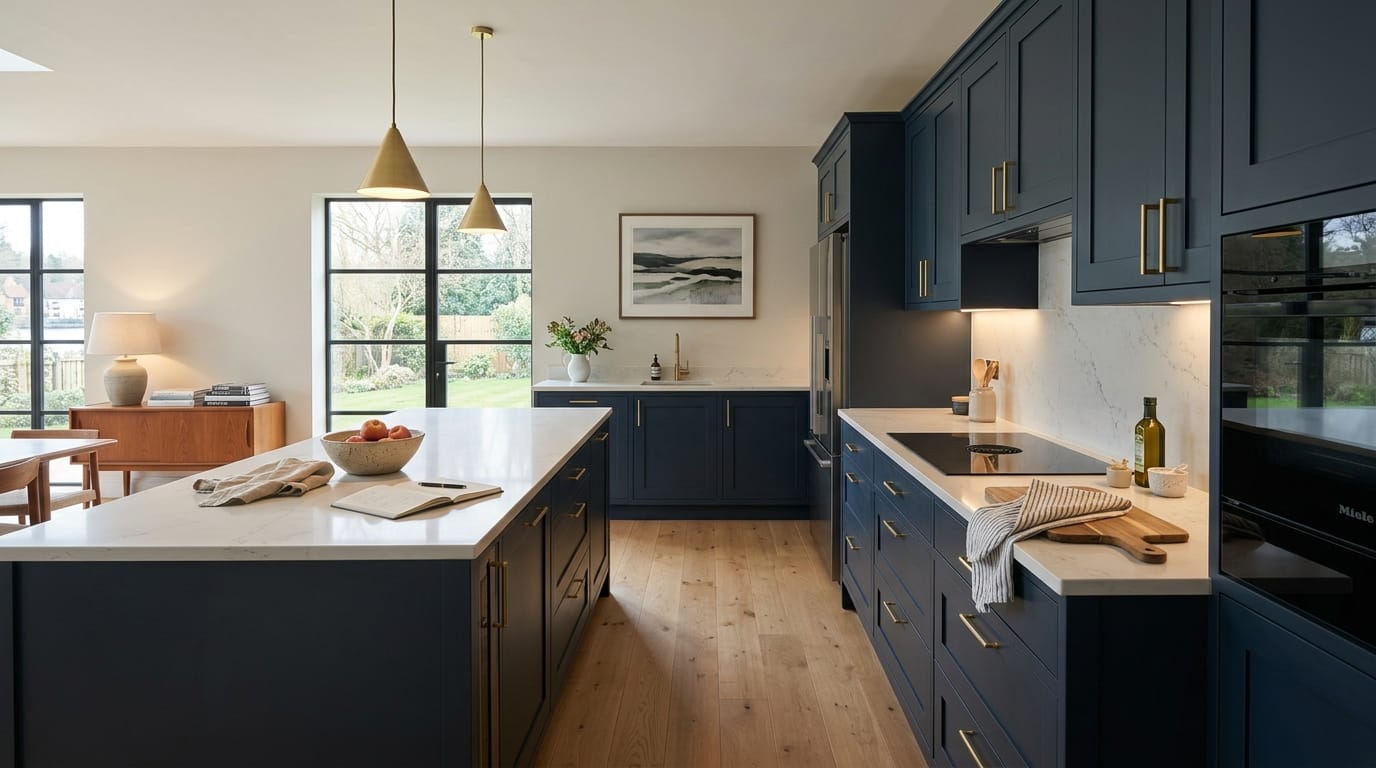 Wide view of a newly completed bespoke Mastercraft kitchen, contemporary painted lay-on cabinetry in pantry blue tones