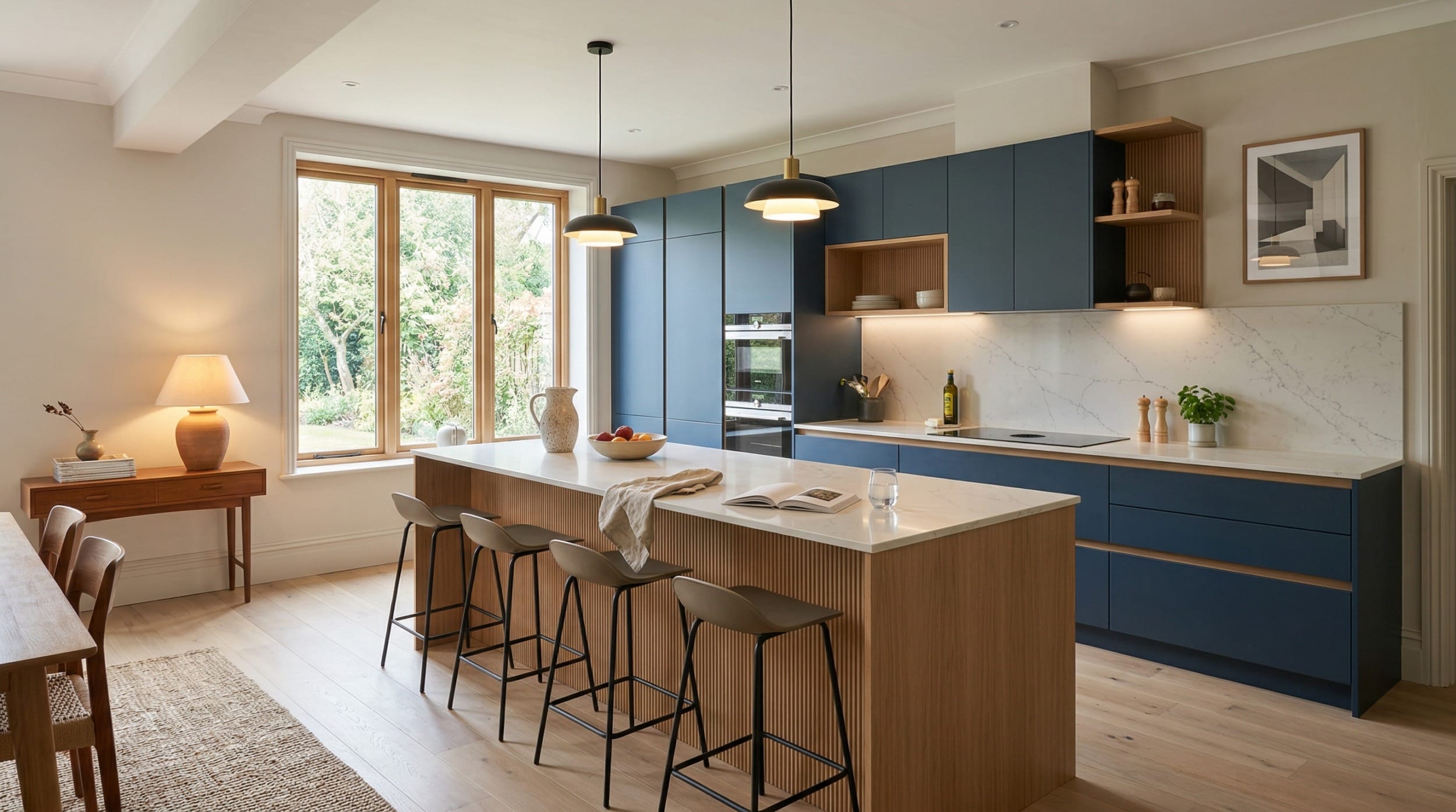 Wide view of a bespoke Mastercraft kitchen, contemporary painted lay-on cabinetry in gunmetal grey tones