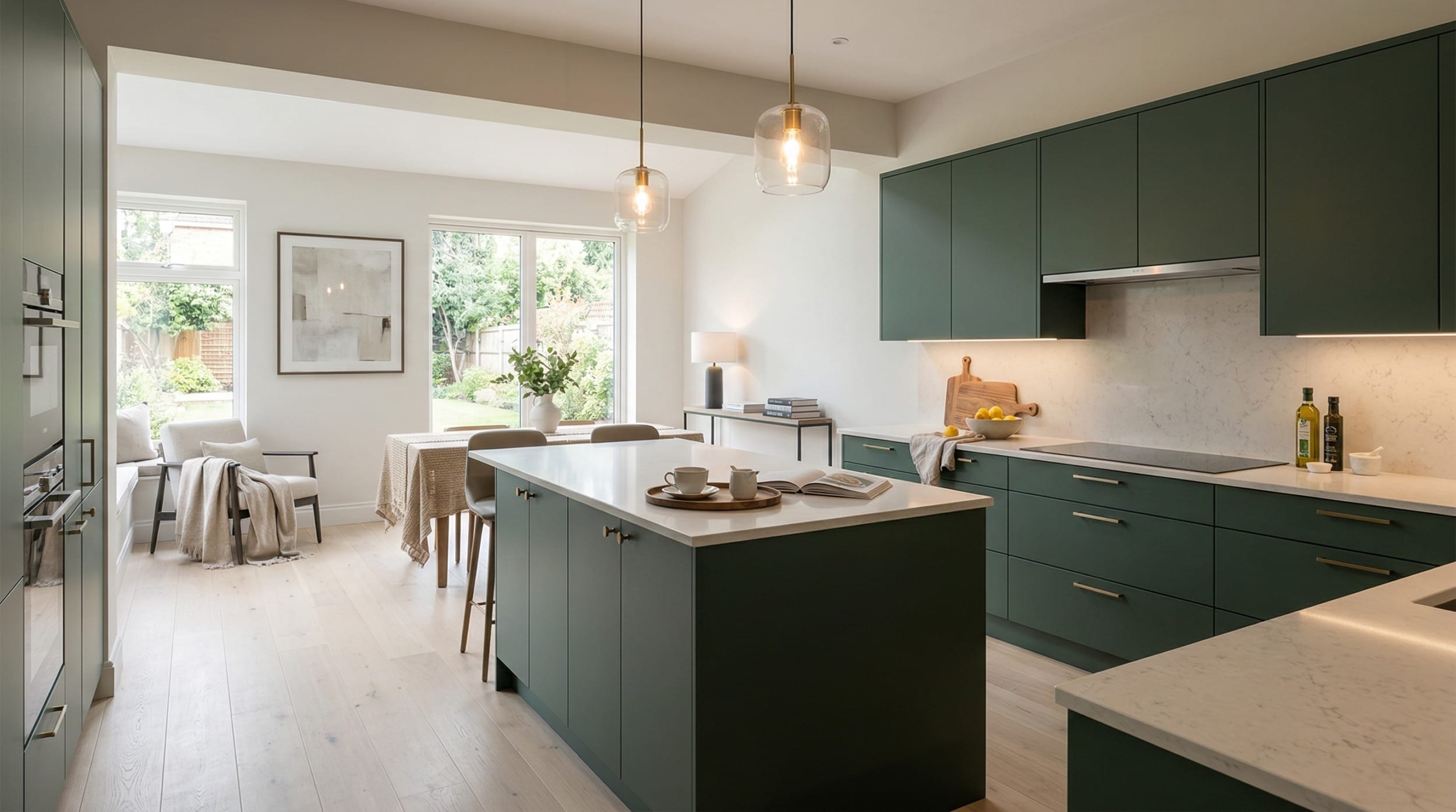 hero_1200x675-302 Wide view of a bespoke Mastercraft kitchen, matt painted handleless slab cabinetry in slate blue tones