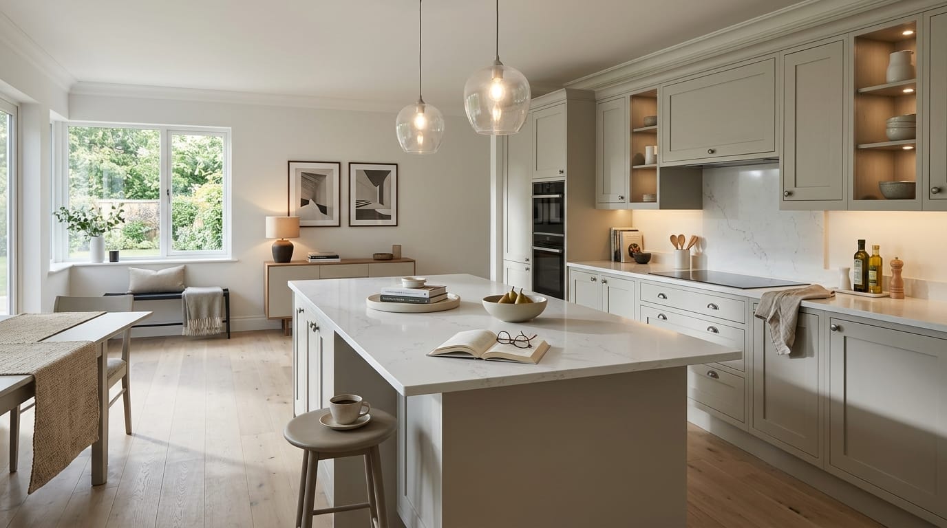hero_1200x675-303 Wide view of a bespoke Mastercraft kitchen, contemporary painted lay-on cabinetry in reed green tones