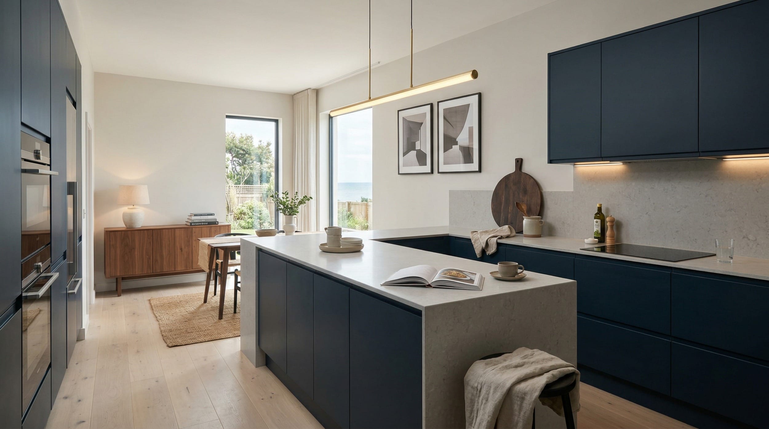hero_1200x675-305 Wide view of a bespoke Mastercraft kitchen, timber veneer slab-door cabinetry in indigo tones