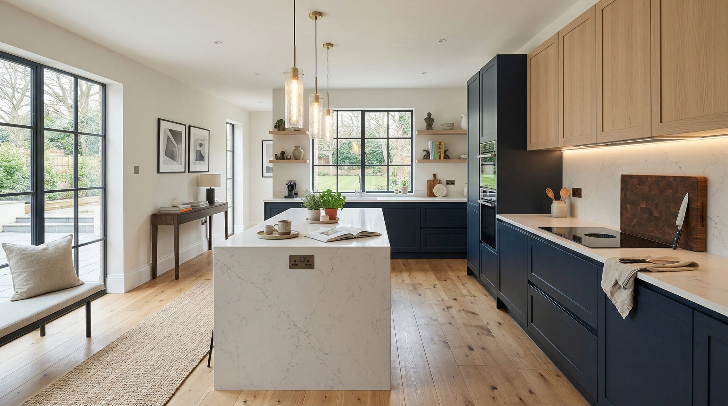 hero_1200x675-306 Wide view of a bespoke Mastercraft kitchen, contemporary painted lay-on cabinetry in indigo tones