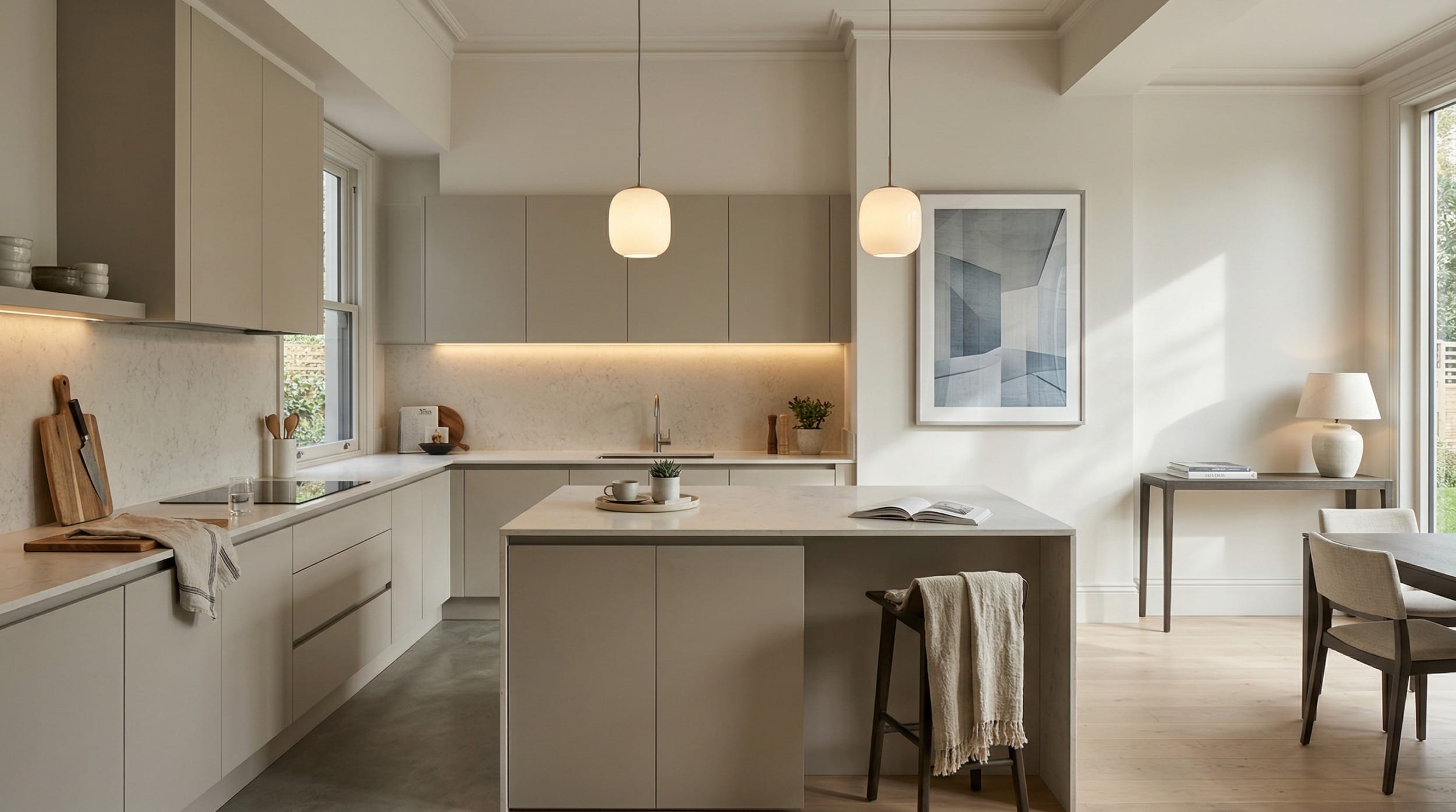 hero_1200x675-307 Wide view of a bespoke Mastercraft kitchen, contemporary in-frame cabinetry in stone grey tones