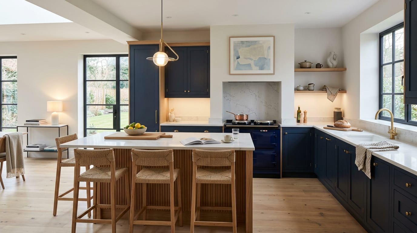 hero_1200x675-31 Wide view of a newly completed bespoke Mastercraft kitchen, matt painted handleless slab cabinetry in monument grey tones