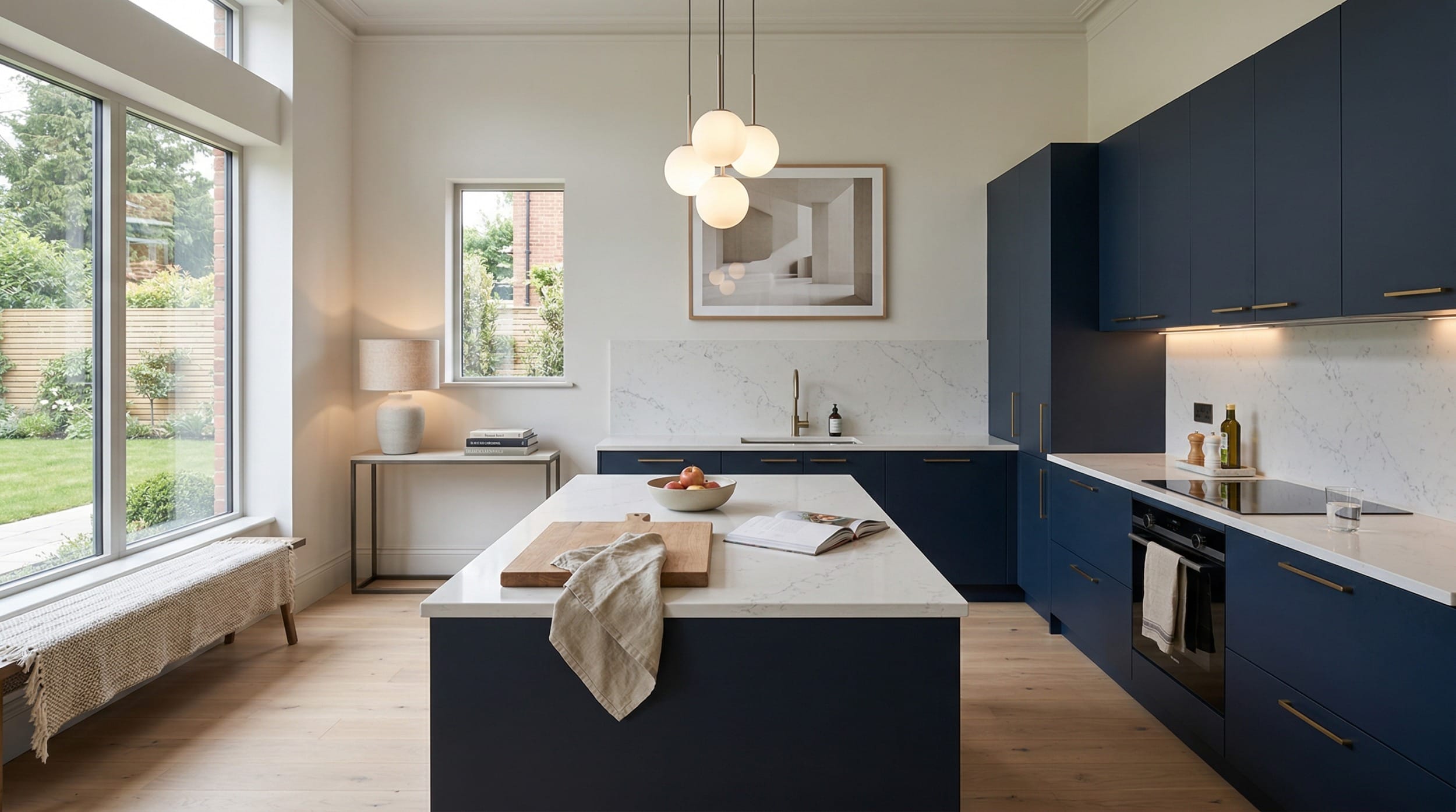 hero_1200x675-311 Wide view of a bespoke Mastercraft kitchen, contemporary painted lay-on cabinetry in light grey tones