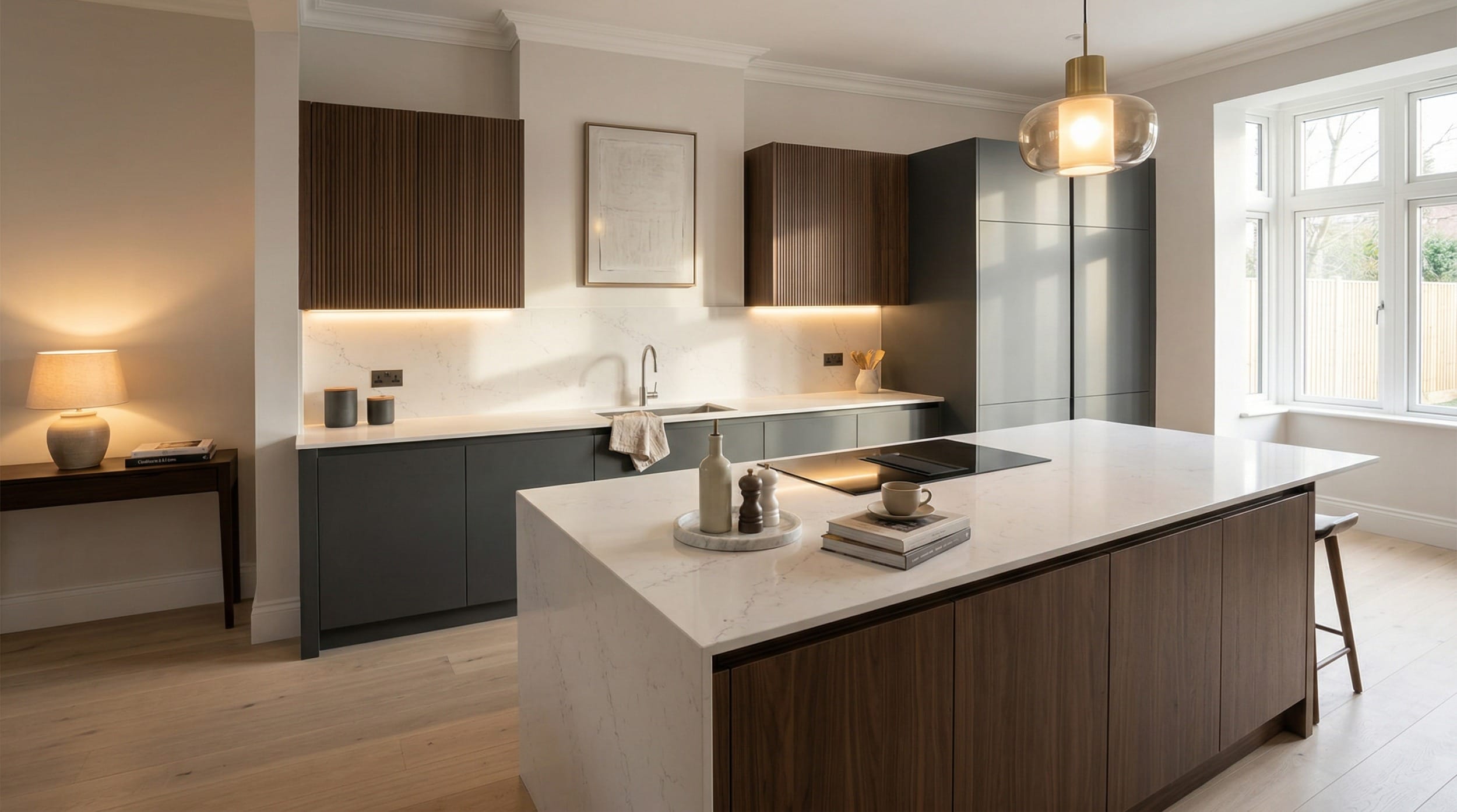hero_1200x675-312 Modern kitchen with wood accents, marble island and pendant glass light