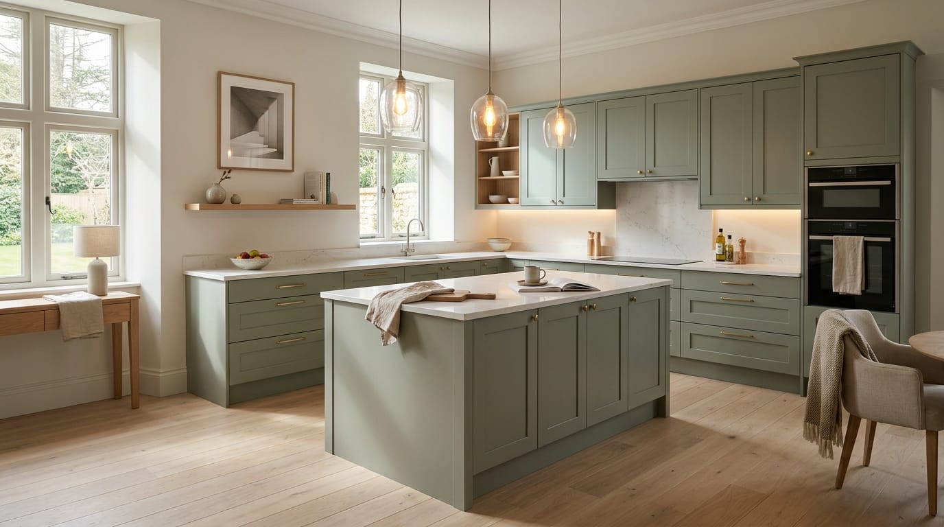 Wide view of a bespoke Mastercraft kitchen, matt painted handleless slab cabinetry in monument grey tones