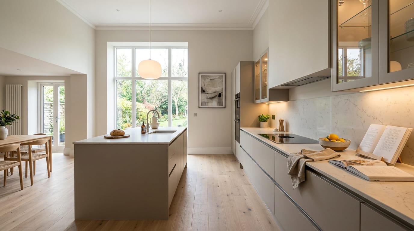 hero_1200x675-314 light wood floor kitchen with marble worktops and large window overlooking garden