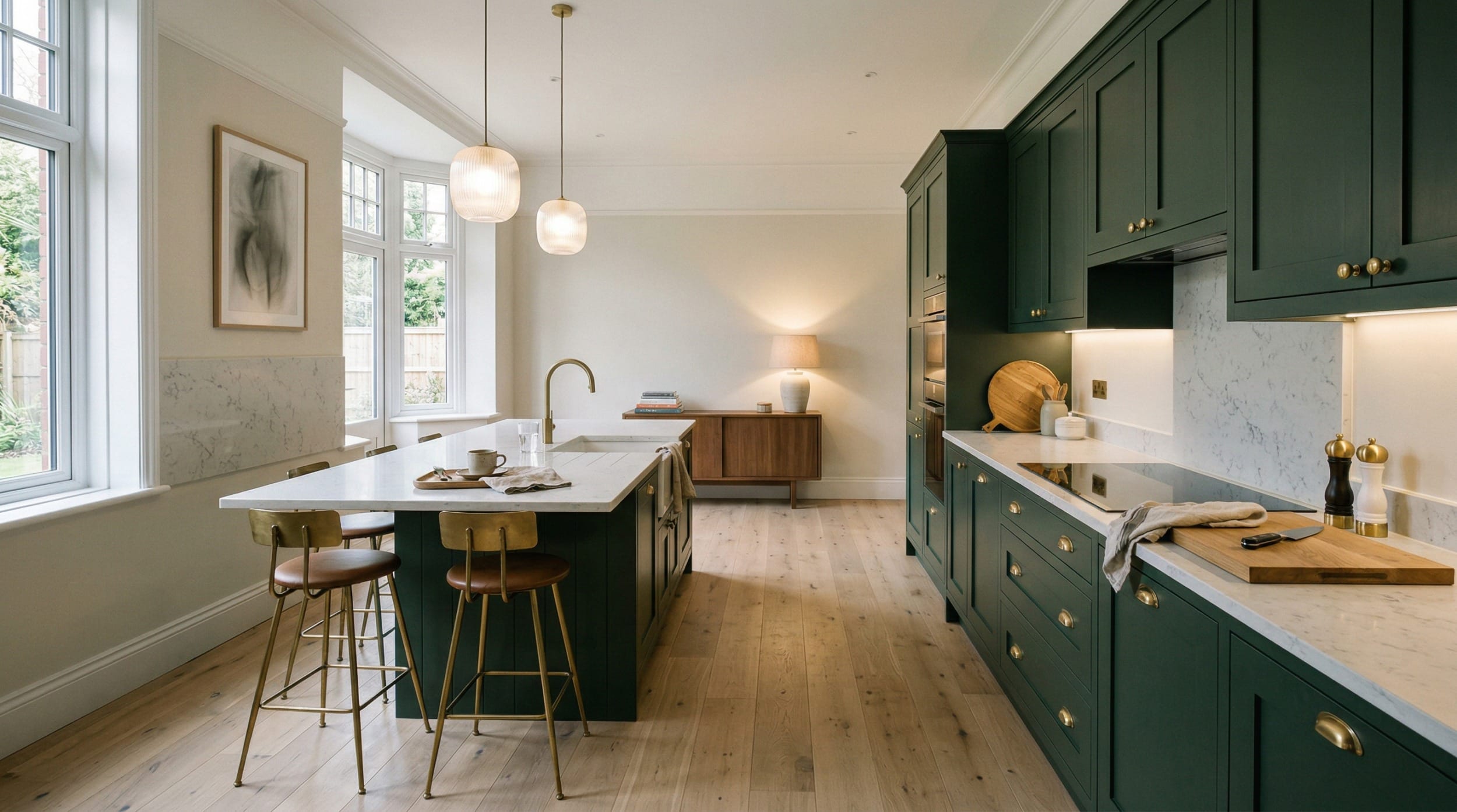 Dark green cupboards with brass handles, white marble worktops, pale wood floor