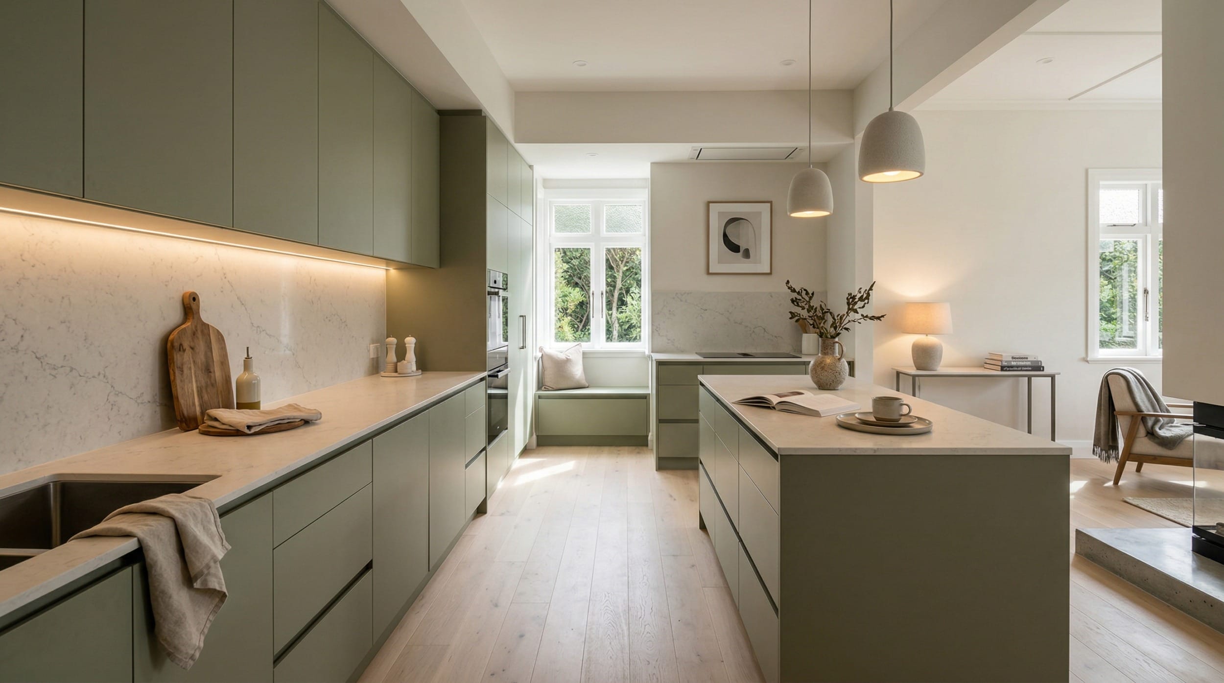 hero_1200x675-317 sage green kitchen with marble worktops and pendant lights