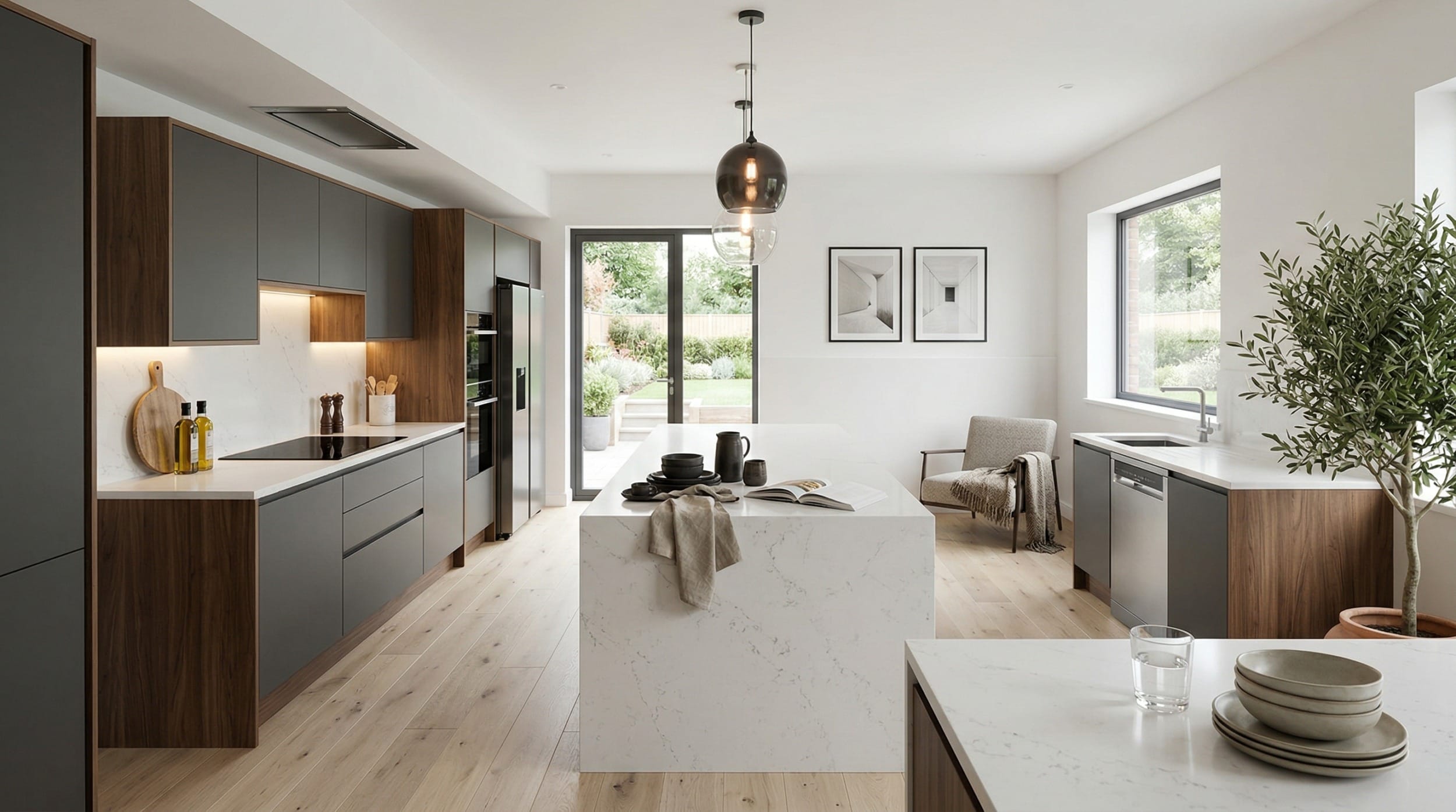 hero_1200x675-318 Modern kitchen with matte grey units, wood accents and marble island centrepiece