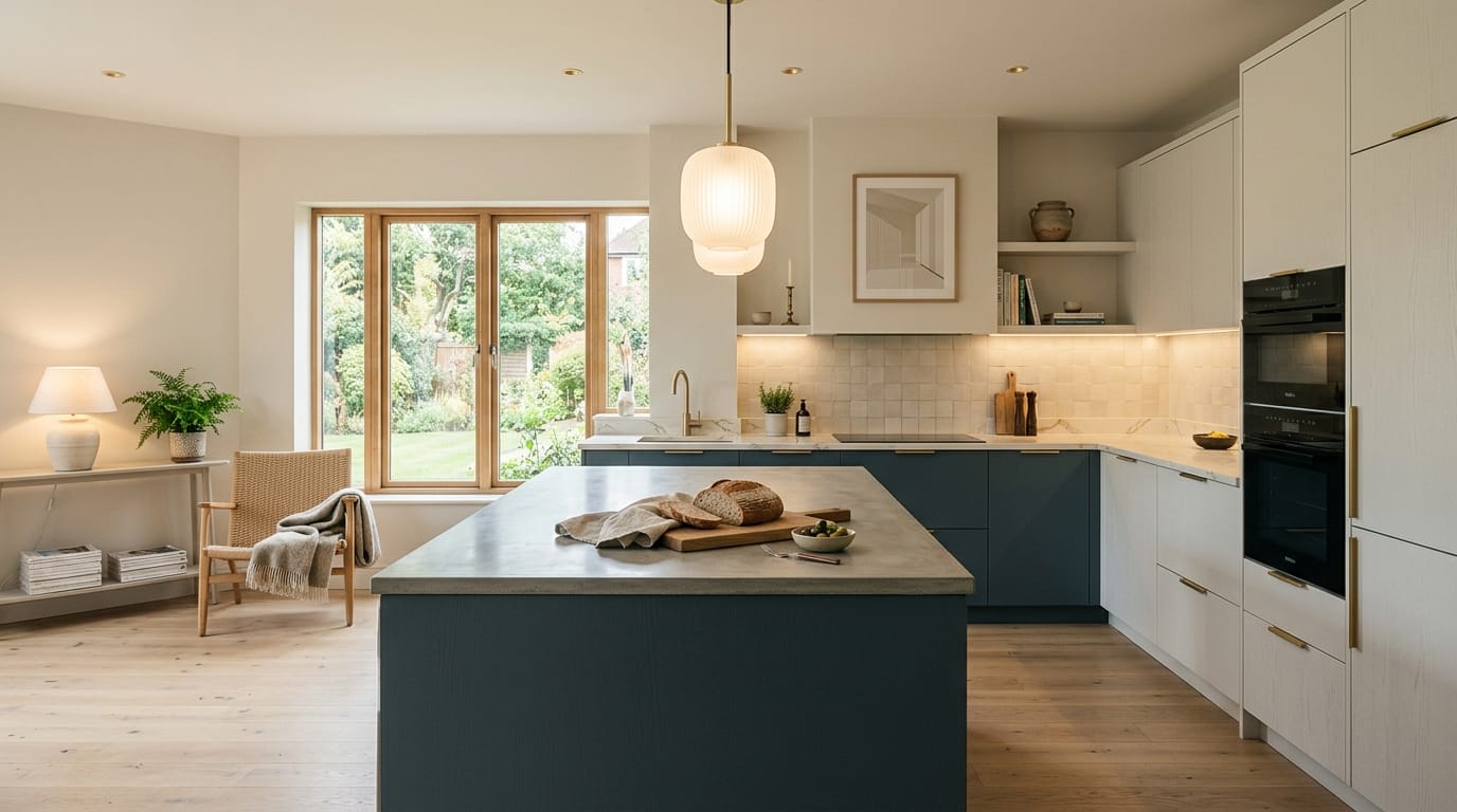 hero_1200x675-32 Wide view of a newly completed bespoke Mastercraft kitchen, modern shaker cabinetry in shell tones