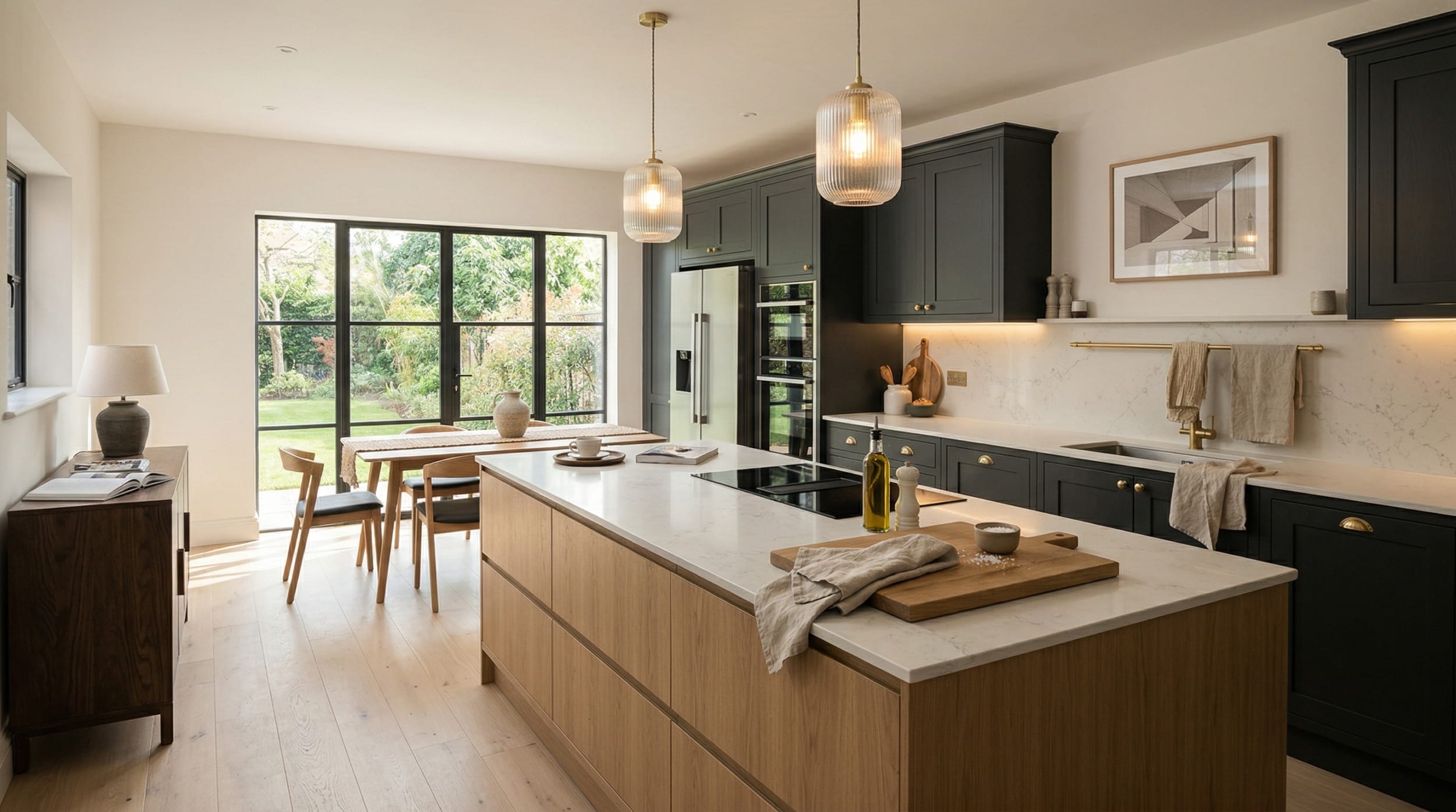 modern kitchen with dark green units, marble worktops and large garden window