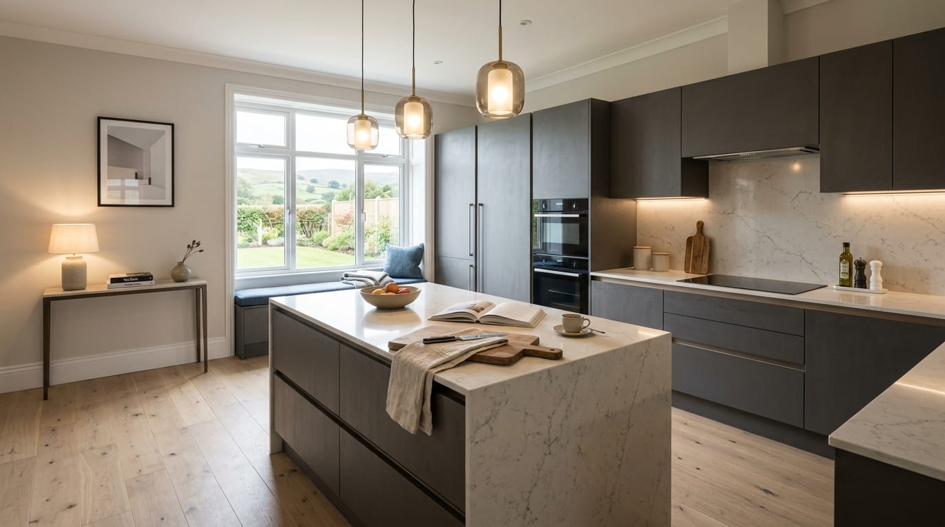 hero_1200x675-322 modern kitchen with matte dark units, marble worktops and pendant lights