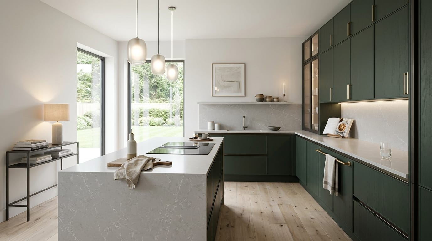 Green Mastercraft kitchen with marble worktops, pendant lights and wood flooring