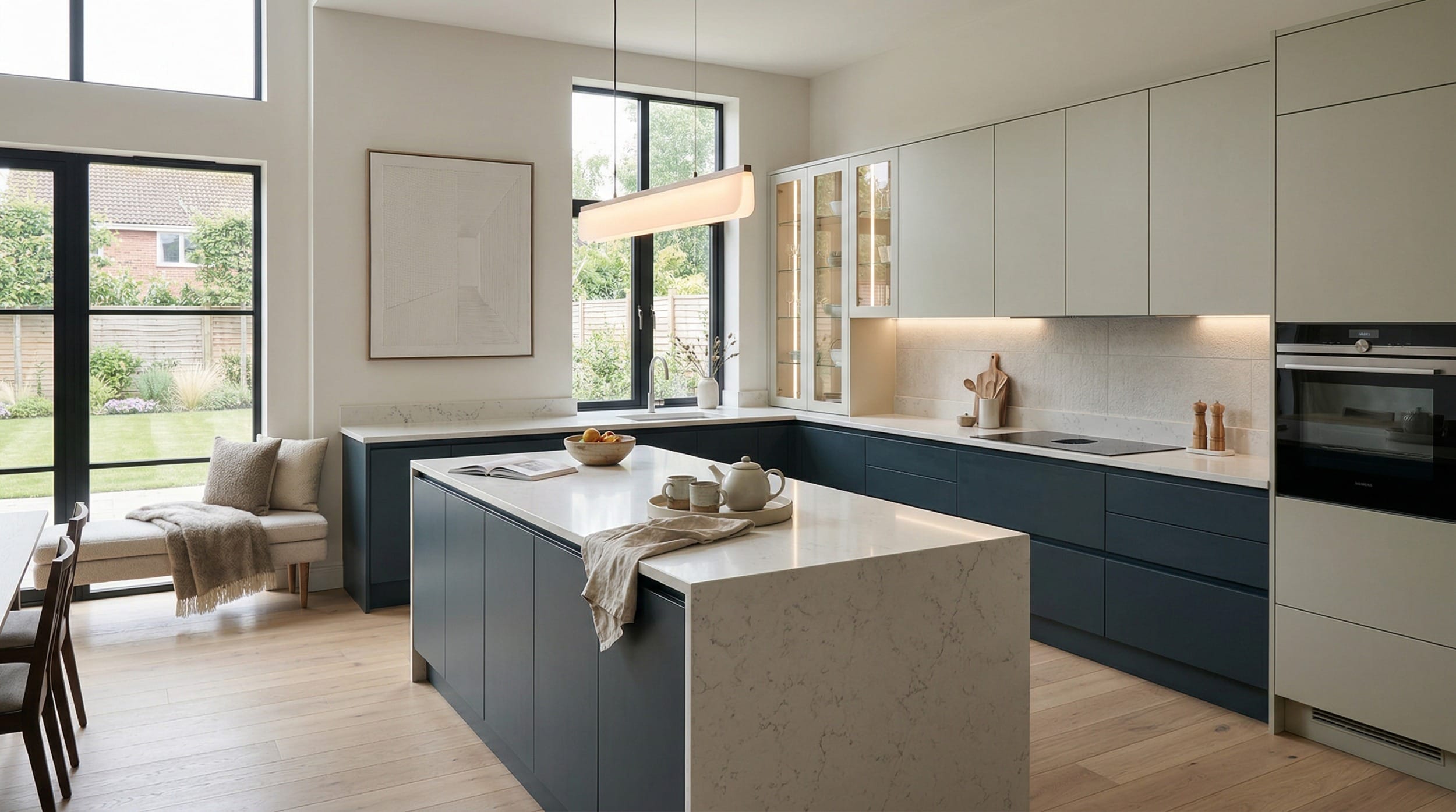 Wide view of a bespoke Mastercraft kitchen, modern shaker cabinetry in reed green tones