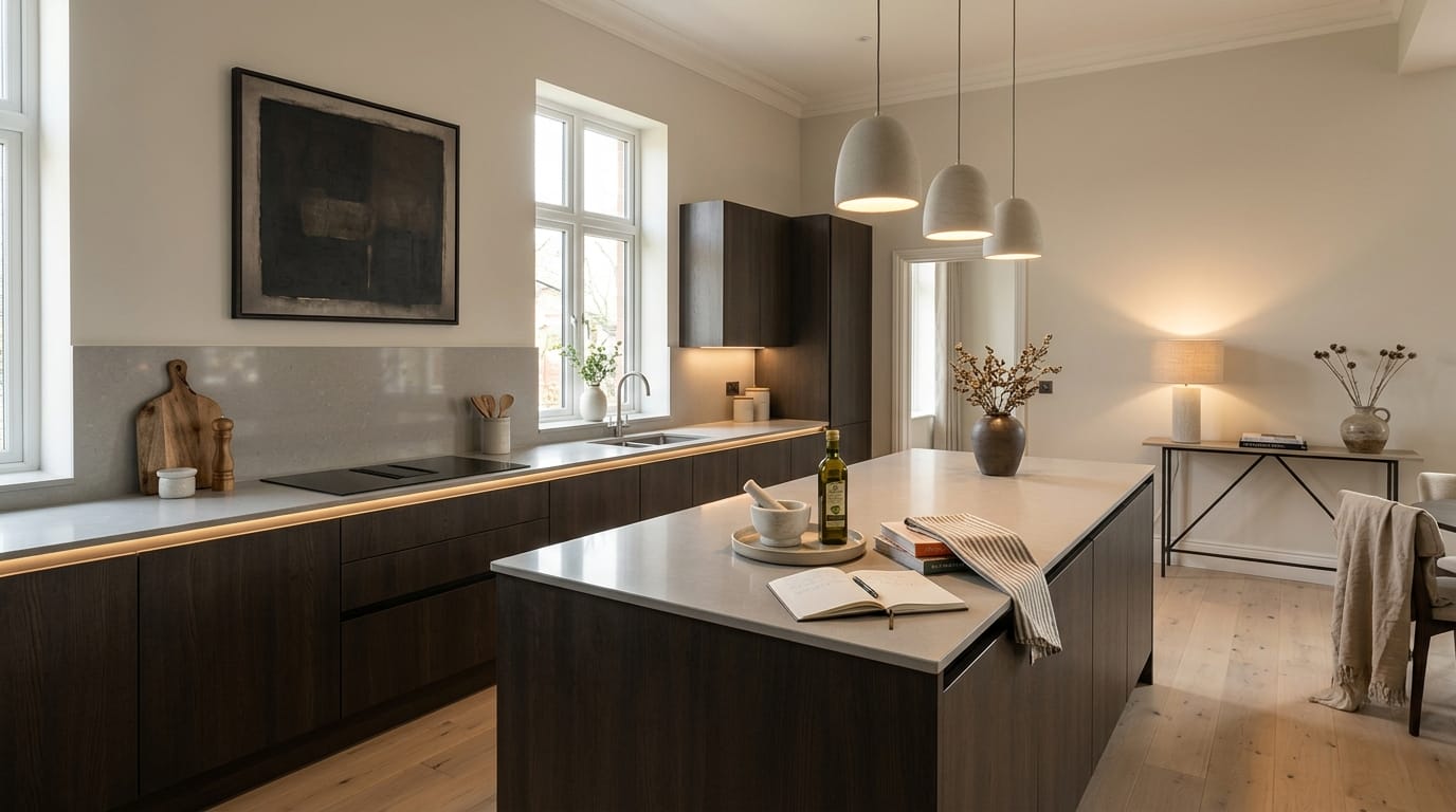 Wide view of a bespoke Mastercraft kitchen, contemporary painted lay-on cabinetry in monument grey tones