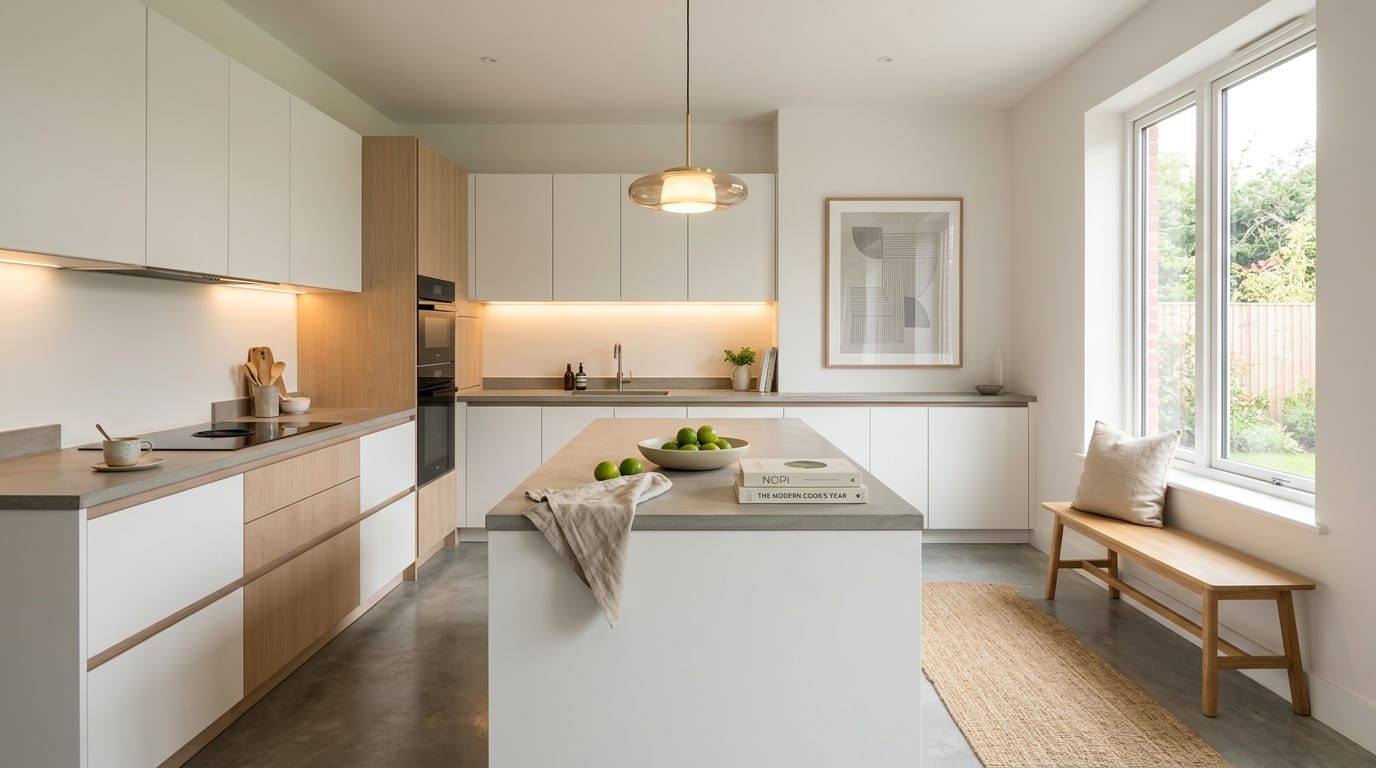 Minimalist kitchen with white and wood units, grey worktops, central island and pendant light