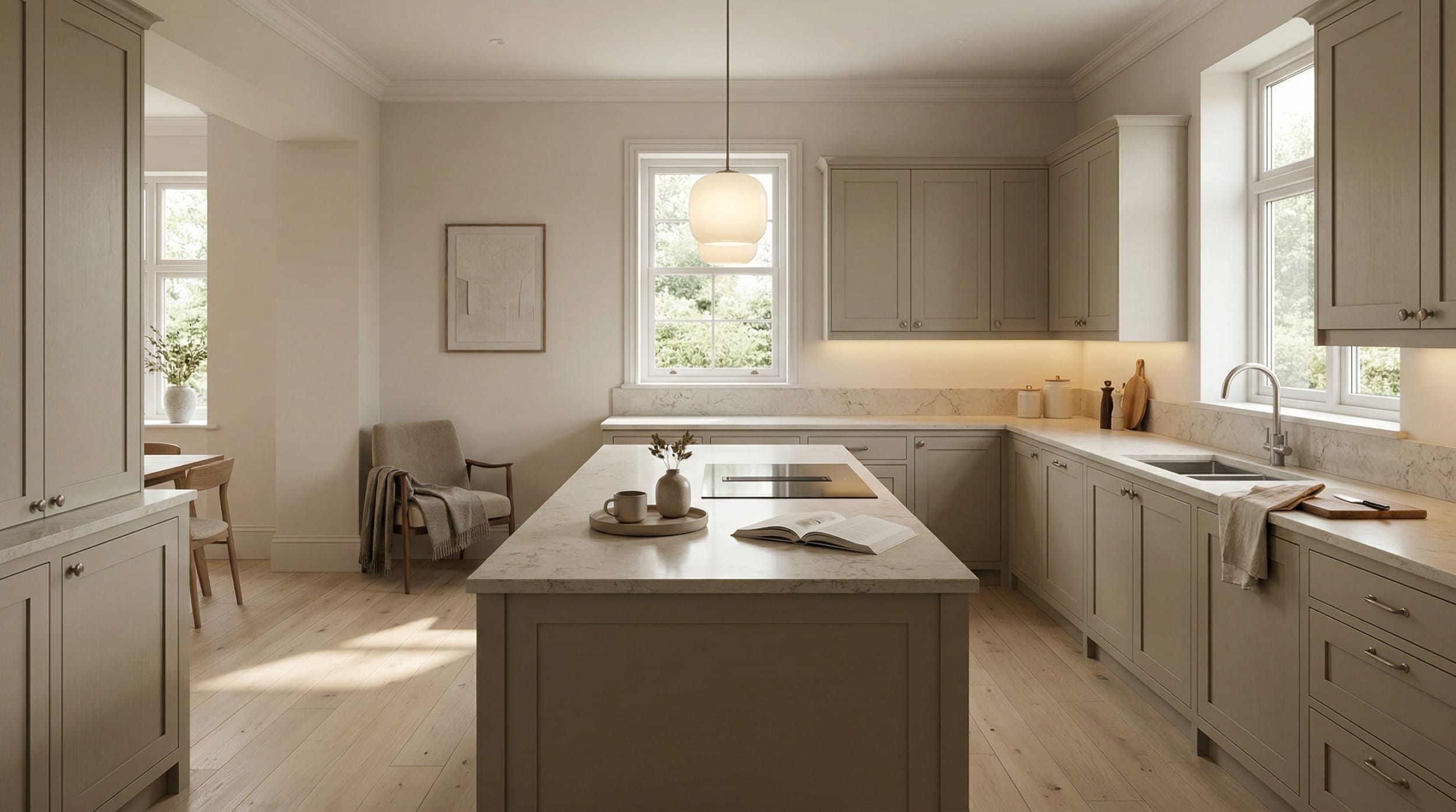 light wood flooring with pale grey cupboards and marble island worktop