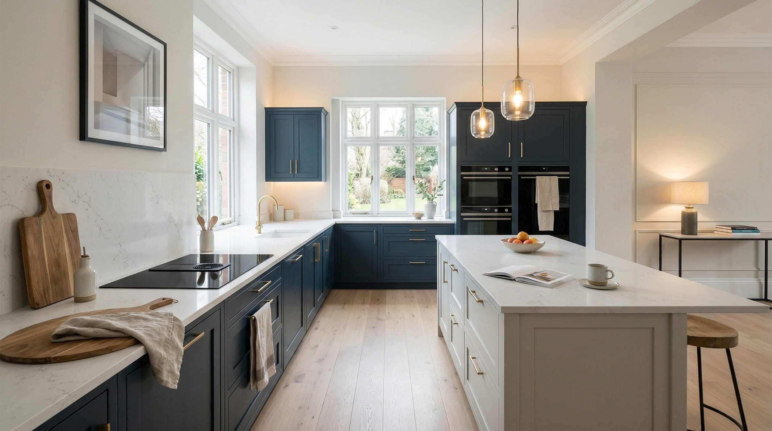 navy blue and white kitchen with gold handles and pendant lights