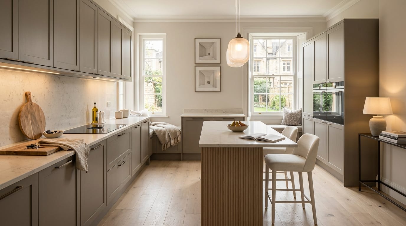 hero_1200x675-33 Wide view of a newly completed bespoke Mastercraft kitchen, matt painted handleless slab cabinetry in indigo tones