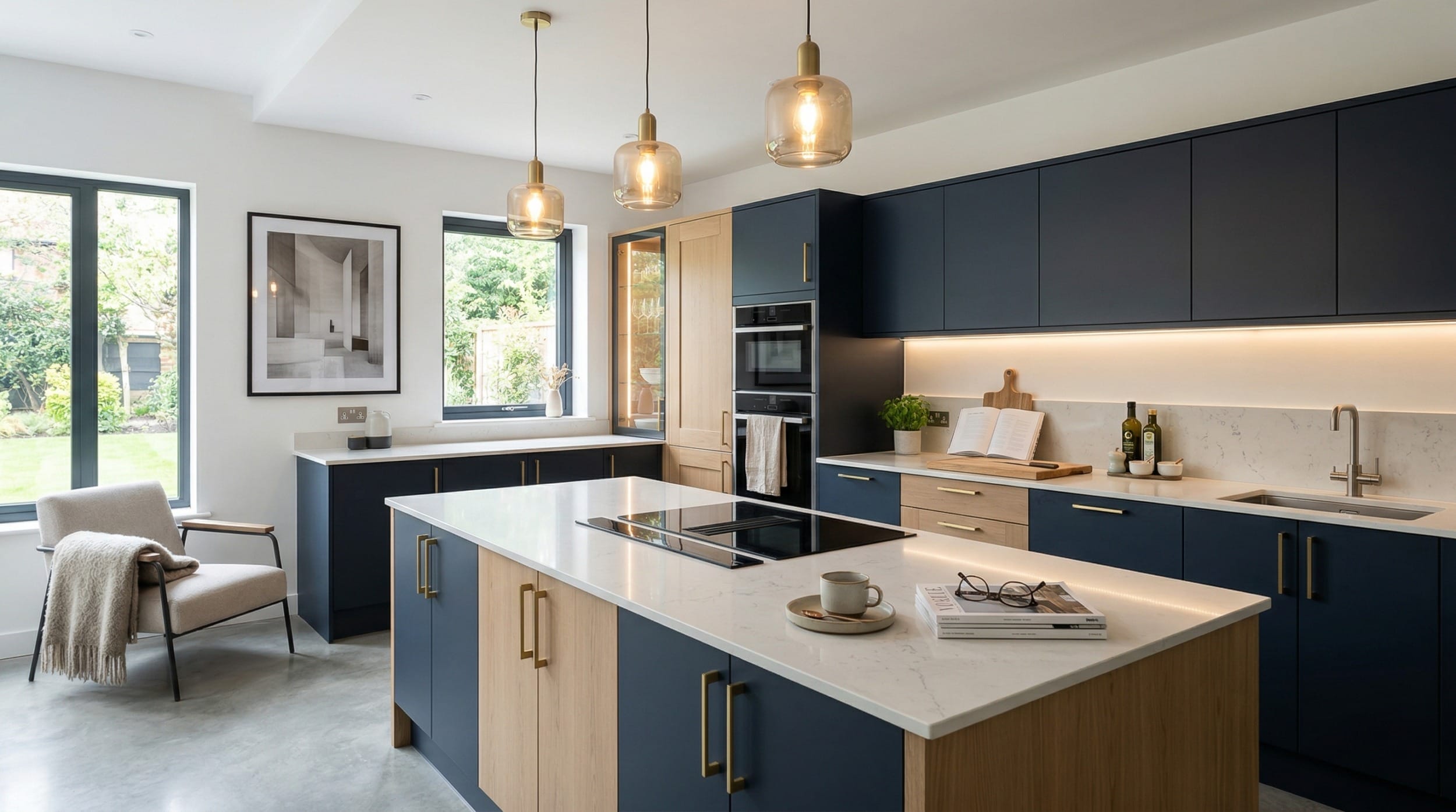 Modern Mastercraft kitchen with navy and wood units, marble worktops, pendant lights