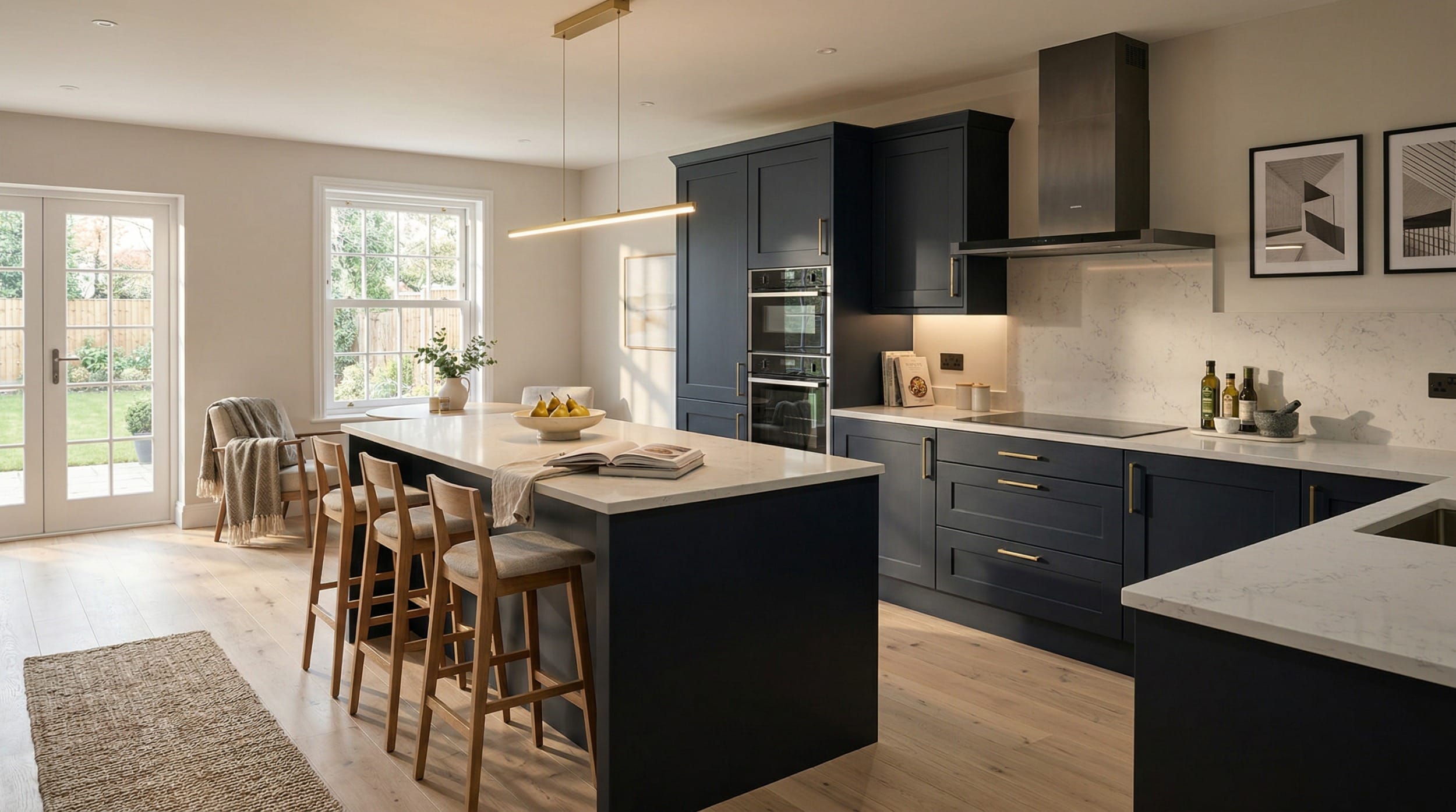 Modern kitchen with navy units, white worktops and wooden bar stools