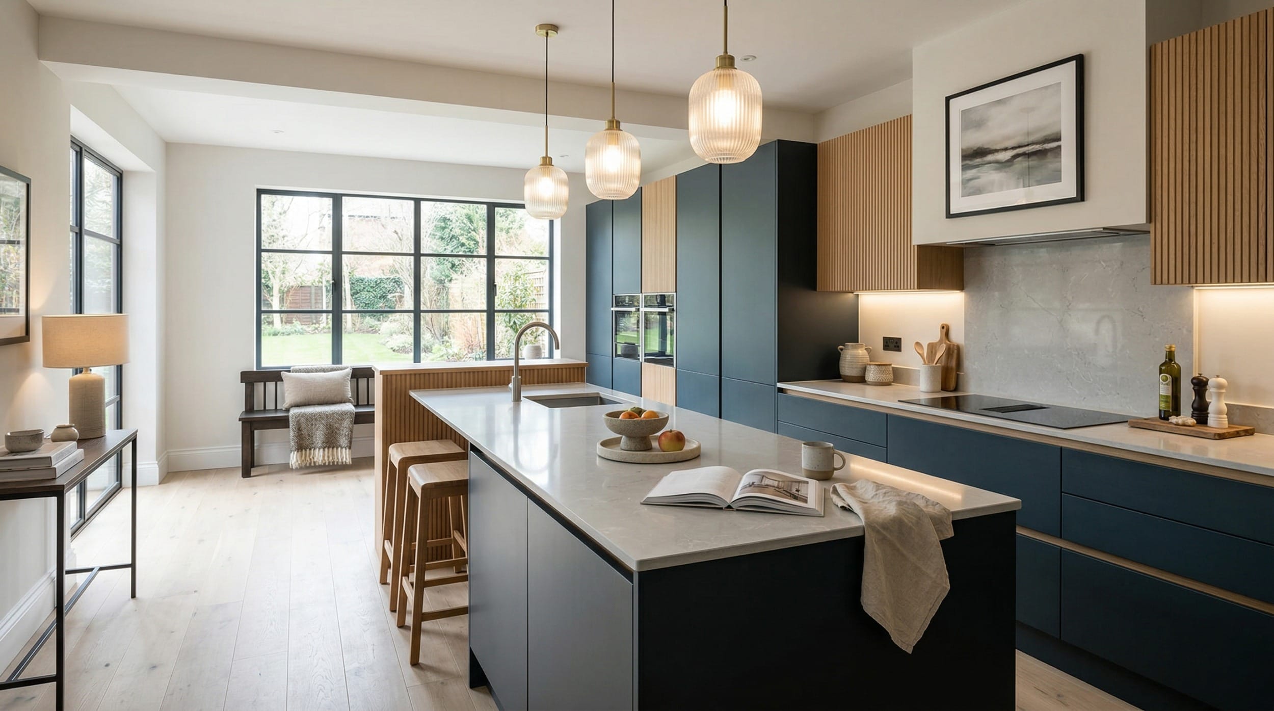 Modern kitchen with navy units, marble worktops and three pendant glass lights