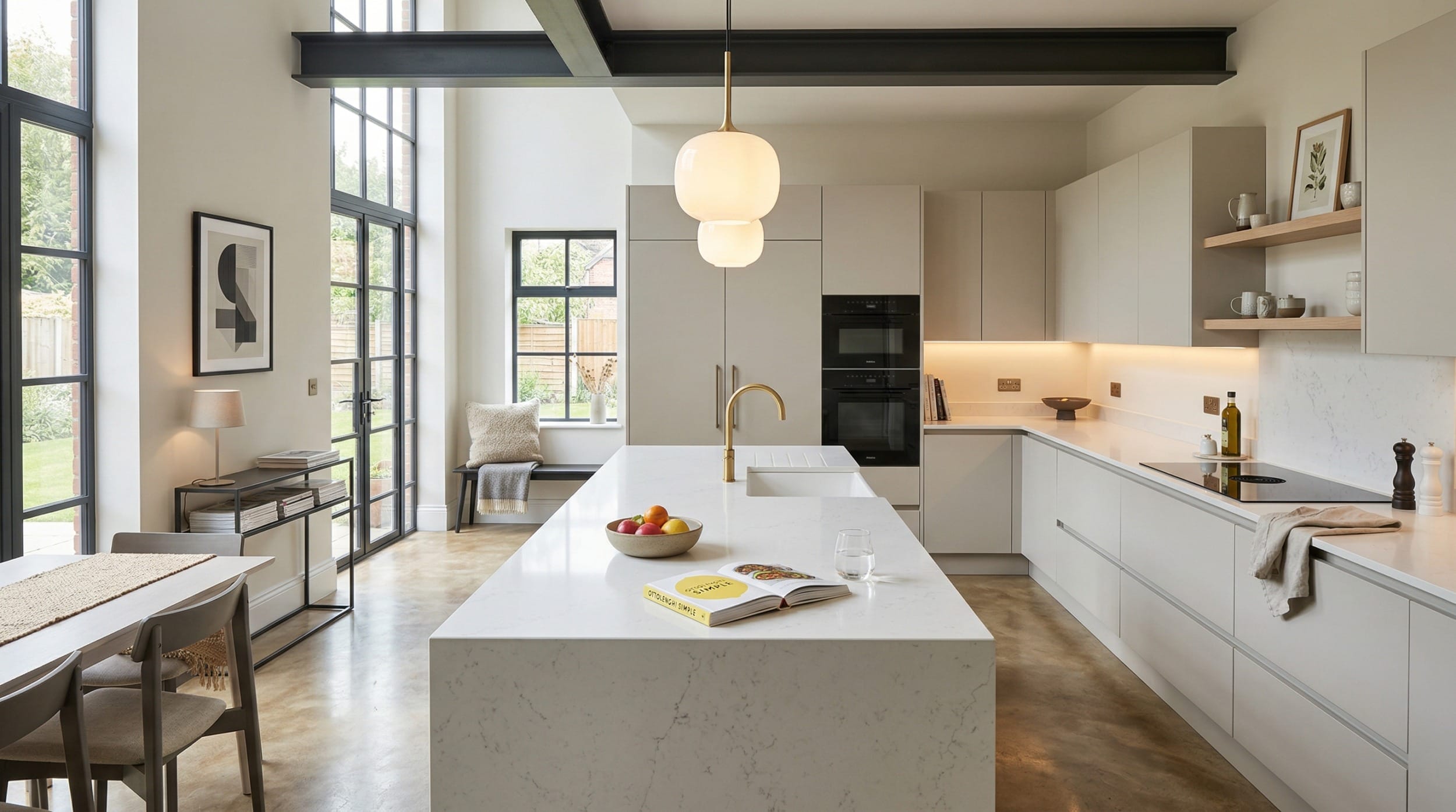 Wide view of a bespoke Mastercraft kitchen, matt painted handleless slab cabinetry in cannon black tones