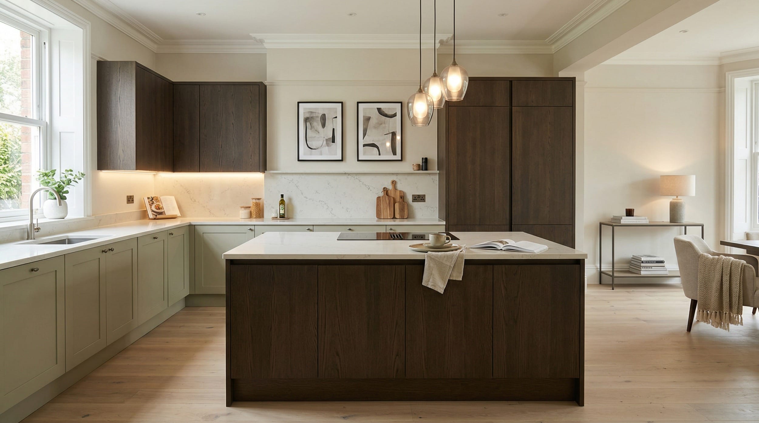 Modern Mastercraft kitchen with dark wood island, pendant lights, and marble worktops