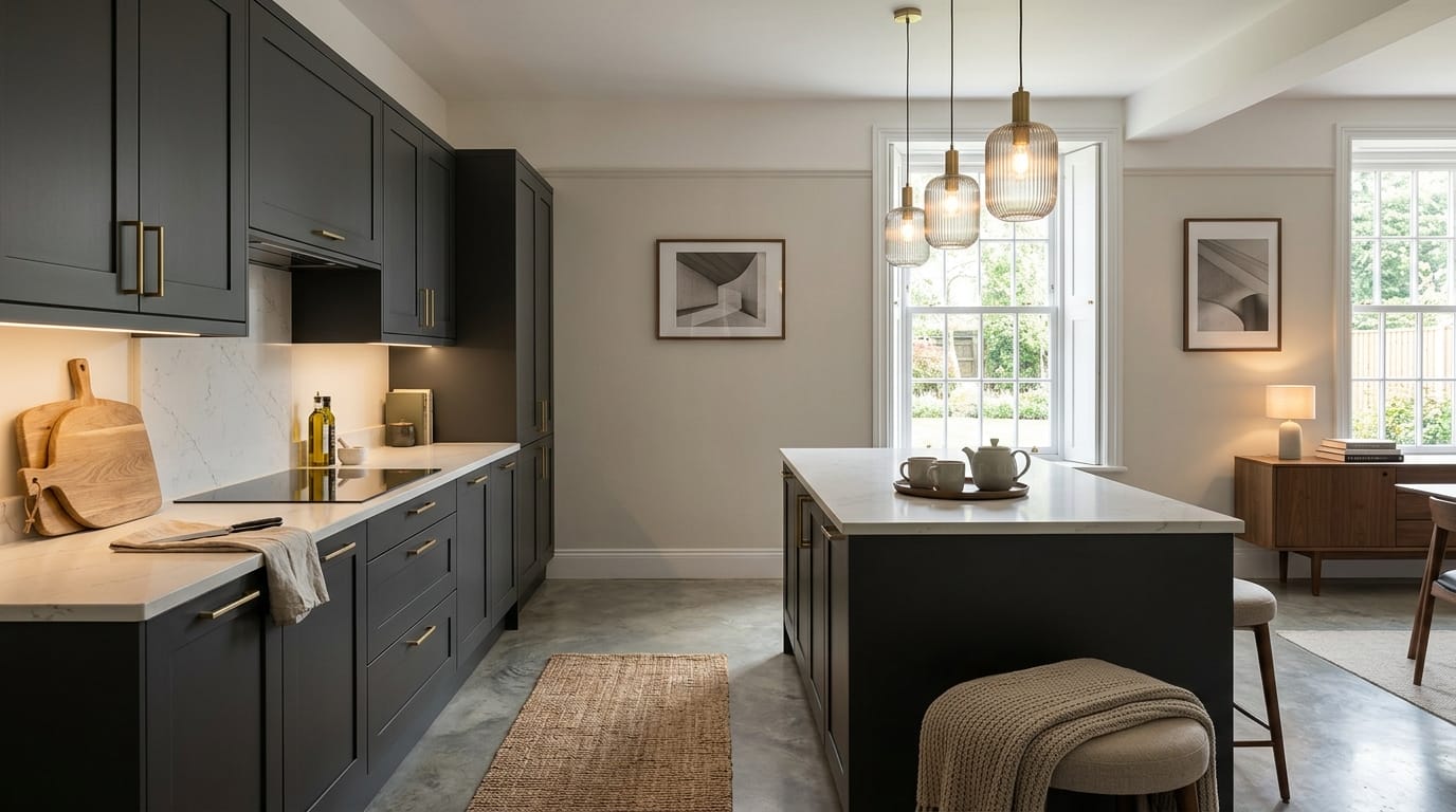 Wide view of a bespoke Mastercraft kitchen, contemporary in-frame cabinetry in gunmetal grey tones