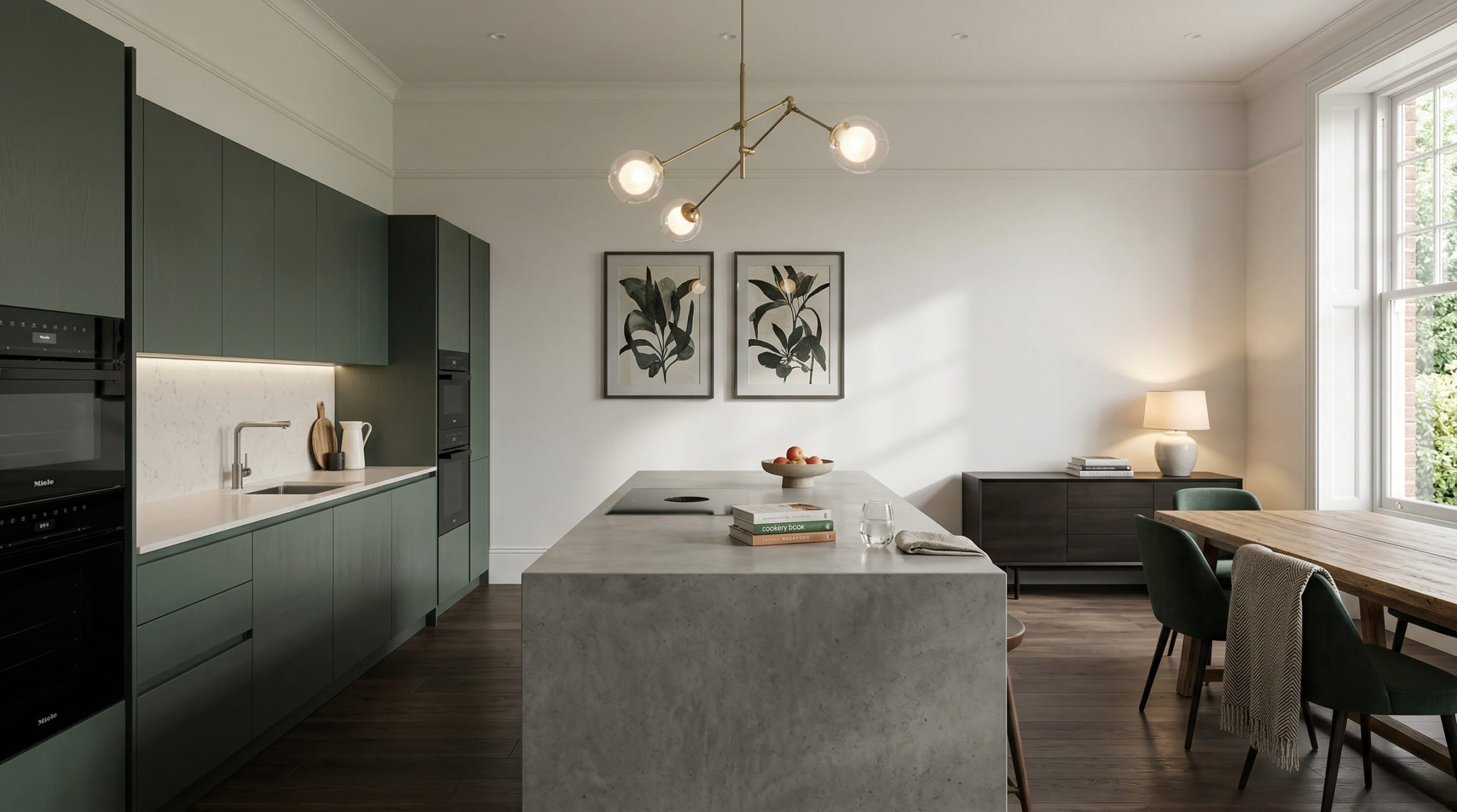 Modern kitchen with green cabinets, marble island, and botanical wall art