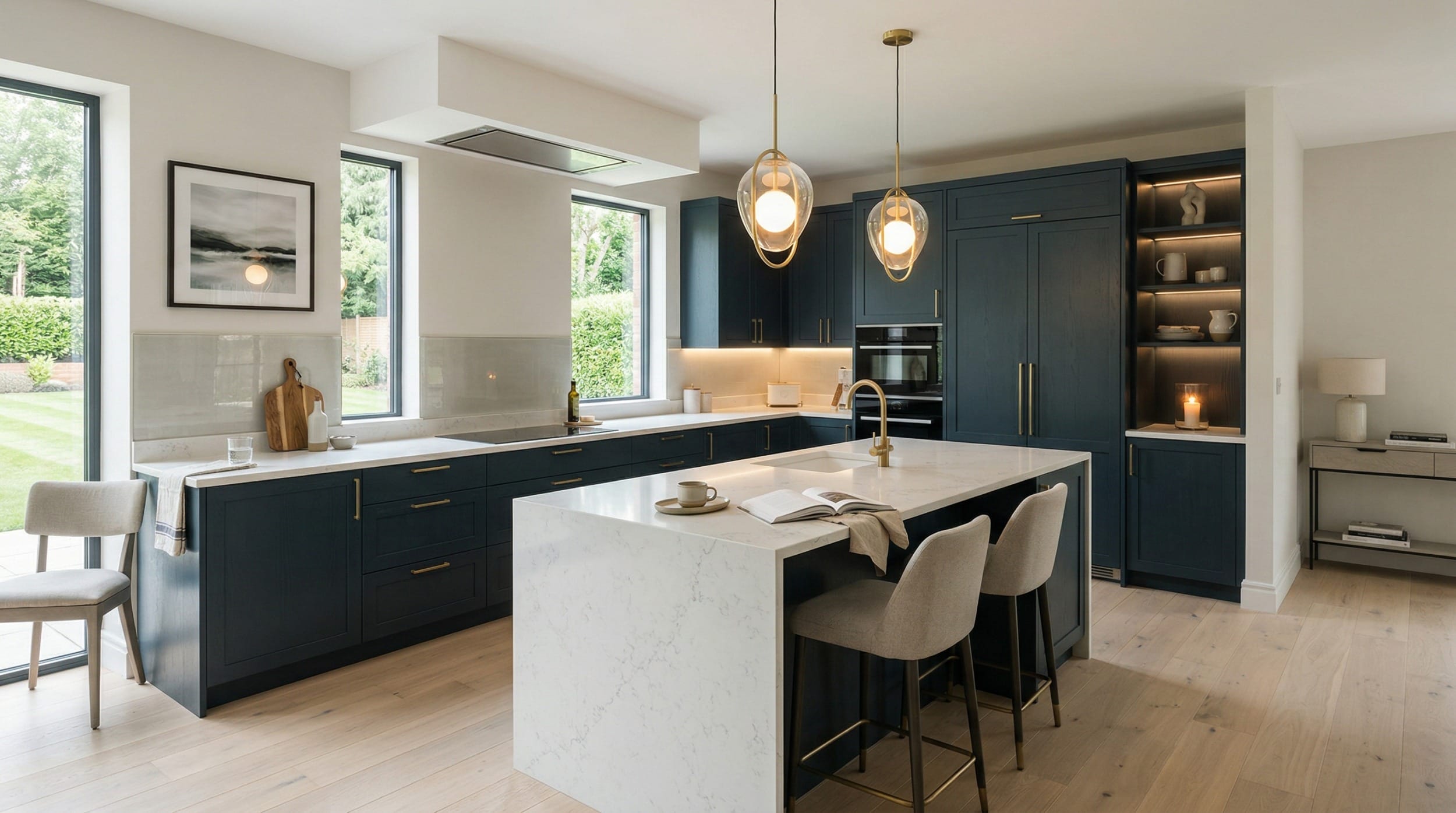 Modern Mastercraft kitchen with navy units, white marble island and gold pendant lights