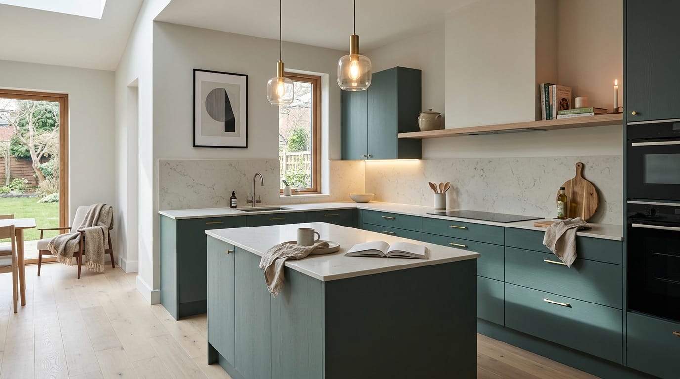 hero_1200x675-34 Wide view of a newly completed bespoke Mastercraft kitchen, timber veneer slab-door cabinetry in cardamom tones