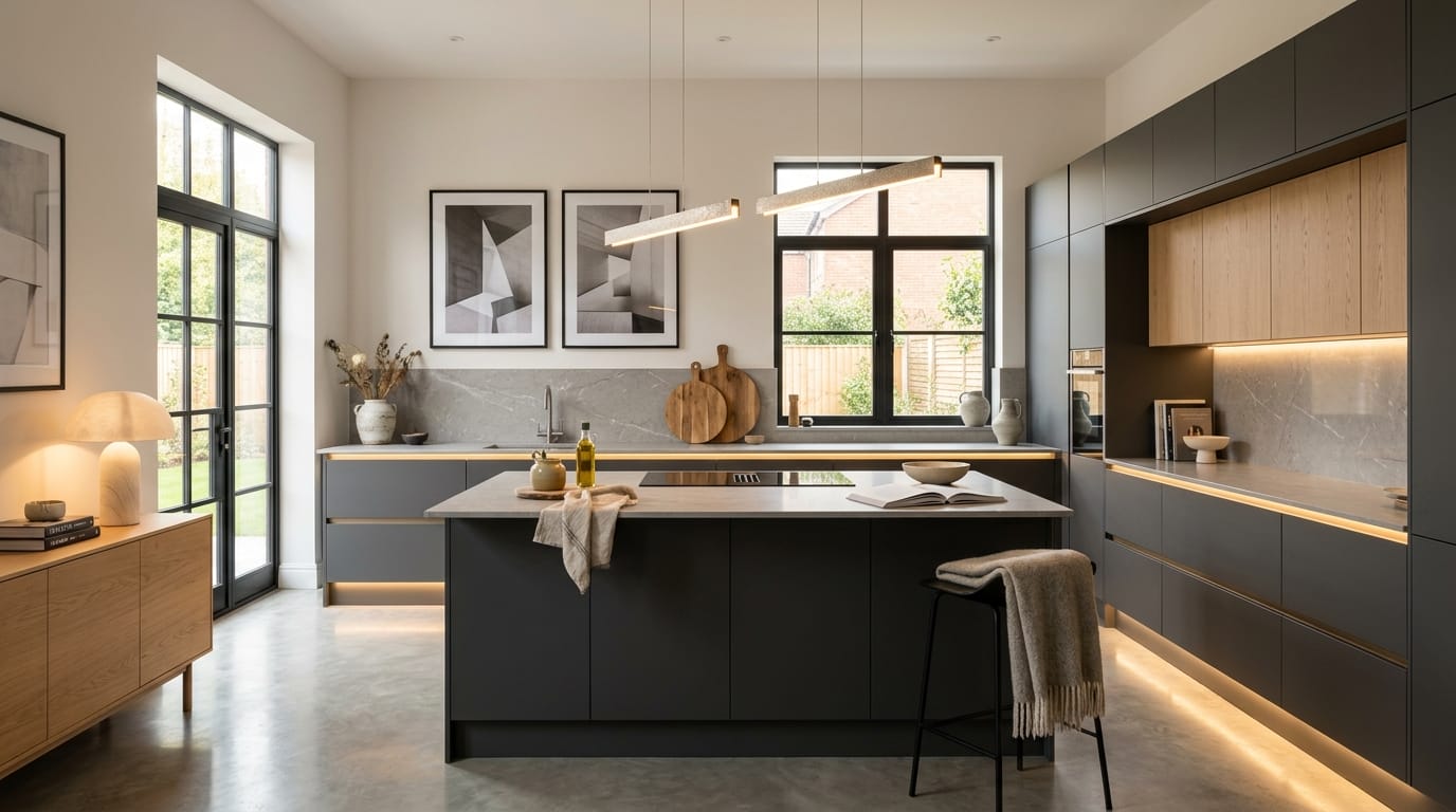 Modern kitchen with matte dark cabinets, marble surfaces, and geometric wall art