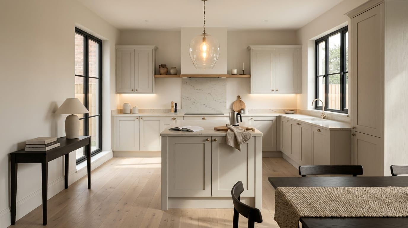 light wood kitchen with shaker cabinets and large glass pendant light